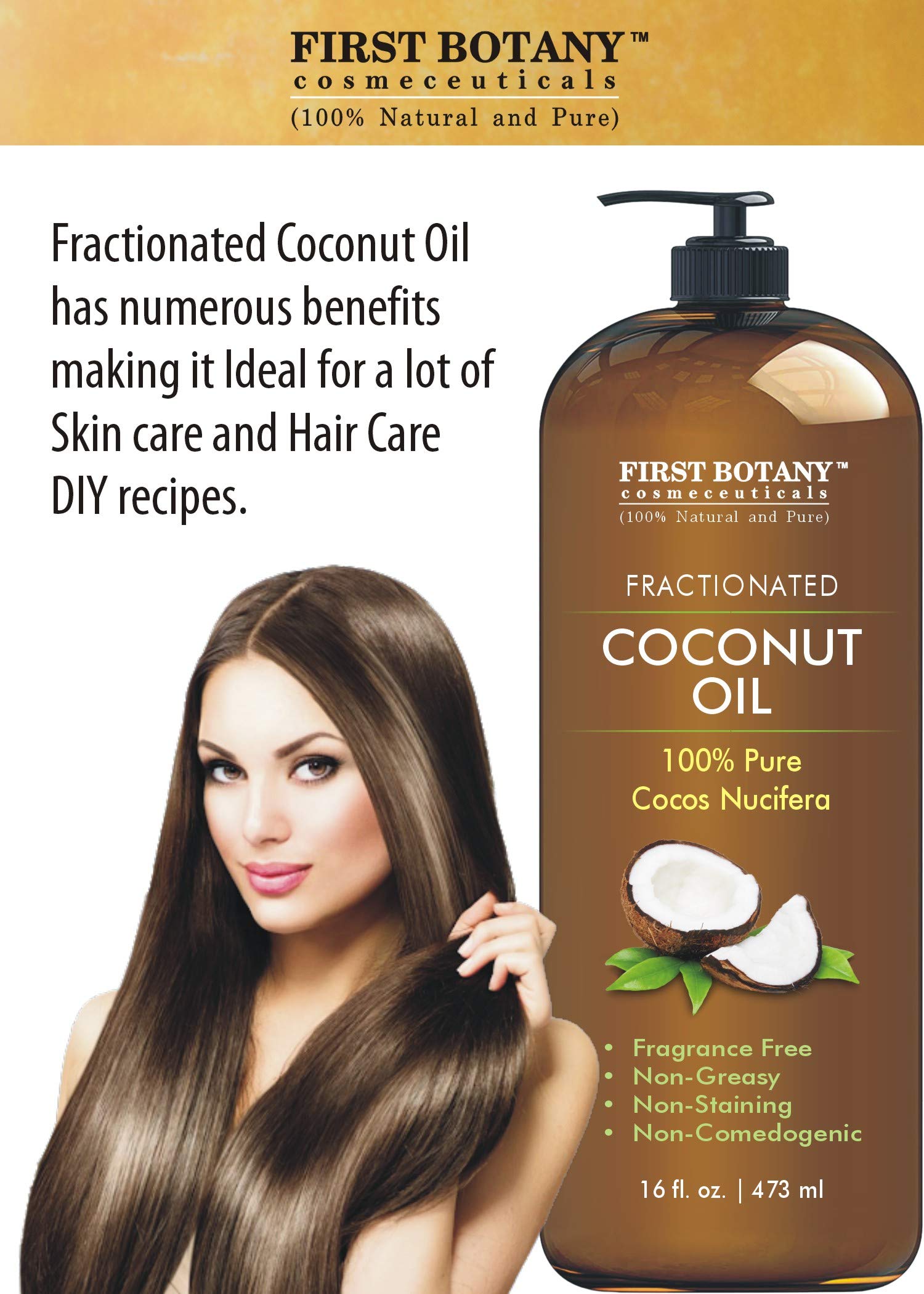 100% Pure Fractionated Coconut Oil 16 fl oz - Natural MCT Oil for Hair, Skin & Aromatherapy | Carrier Oil for Massage, Moisturizer & DIY Beauty Products | Perfect for Hair Care, Skin Hydration & Essential Oil Blending