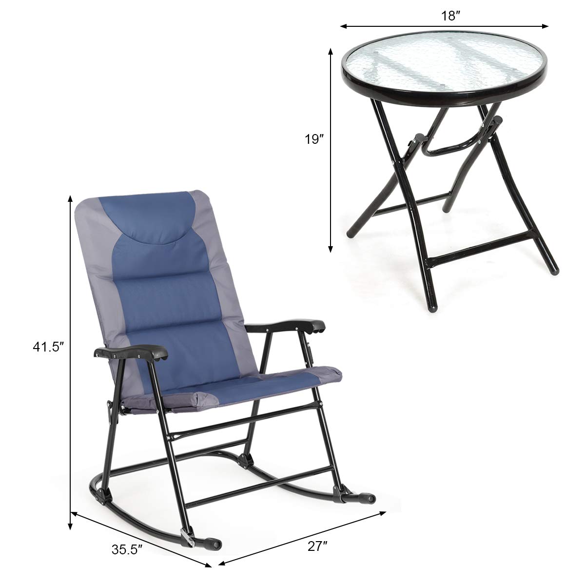 Tangkula 3-Piece Folding Bistro Set - Outdoor Rocking Chairs with Round Glass Top Table, Patio Furniture for Backyard, Garden, Poolside & Porch (Blue) | Perfect for Relaxing, Entertaining & Small Space Living