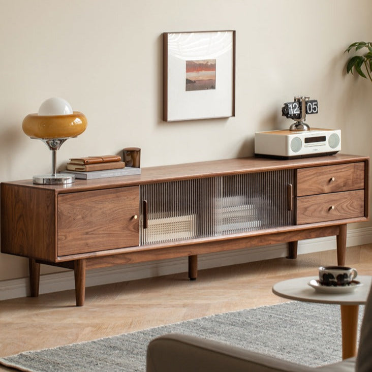 Premium Black Walnut Solid Wood TV Stand - Modern Entertainment Center with Storage Shelves for Living Room, Bedroom & Home Theater Setup