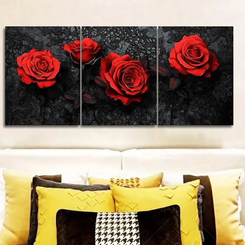 3-Piece Gothic Red Rose Metal Wall Art Print - Ready to Hang Home Decor for Living Room, Bedroom & Office