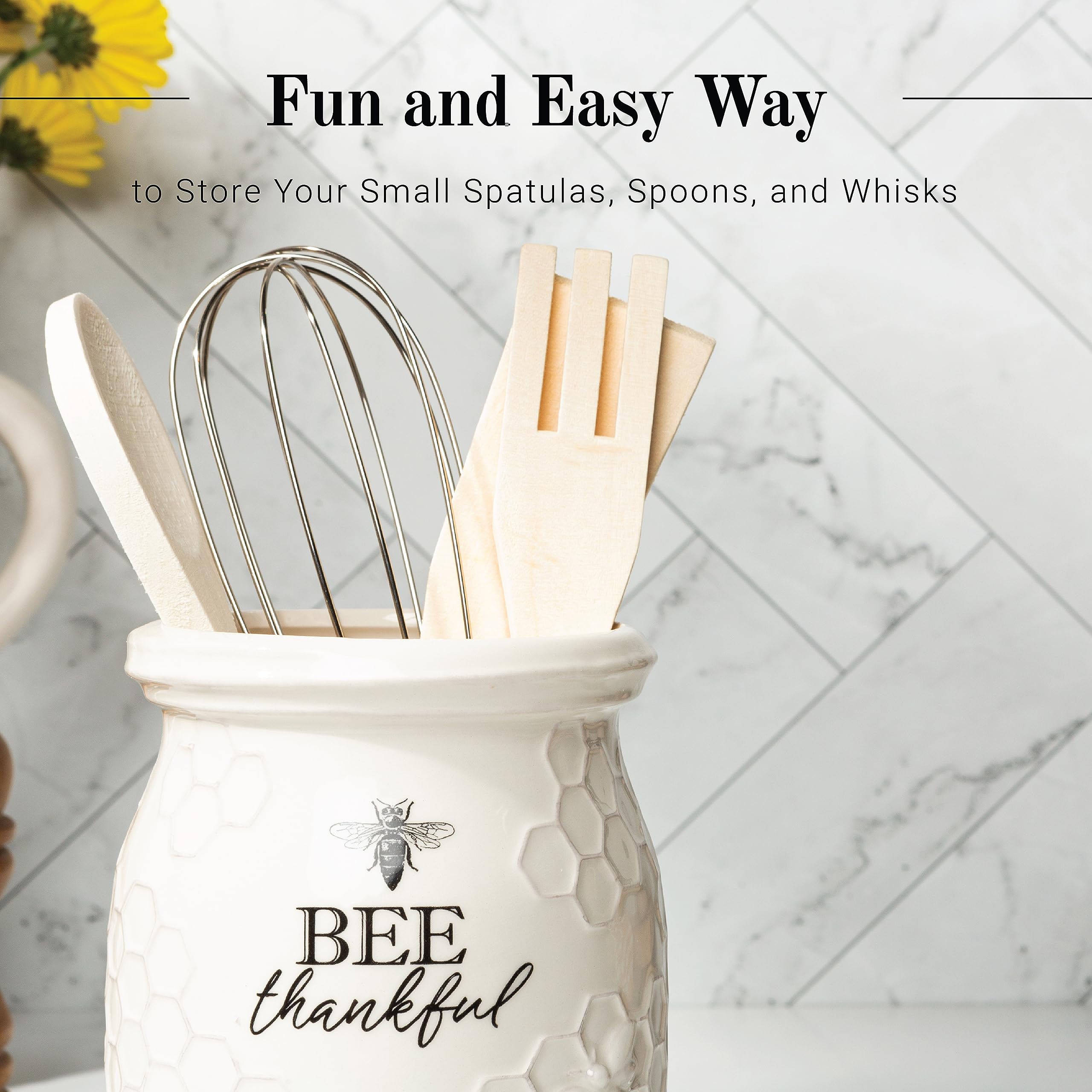 Young's Inc. Ceramic Utensil Holder for Kitchen Countertop - Large Wooden Cooking Tools Organizer with 3 Utensils - Perfect for Spoons, Spatulas & Flatware Storage - Bee Thankful Design - Ideal for Farmhouse, Modern & Rustic Kitchens