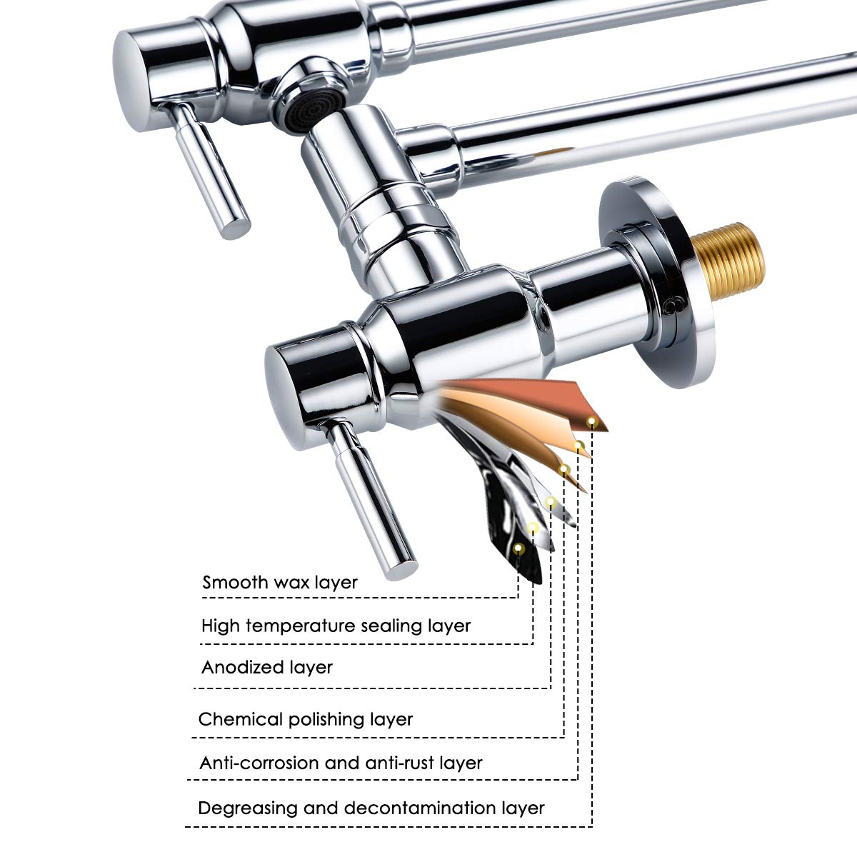 BAGNOLUX Chrome Pot Filler Faucet - Wall Mounted Cold Water Stove Faucet with Dual Lever Handle & Swing Arm - 23.4