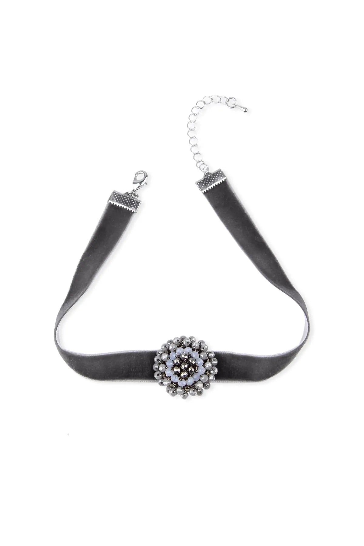 Elegant Grey Velvet Choker Necklace with Beaded Flower Design - Perfect for Weddings, Parties & Evening Events