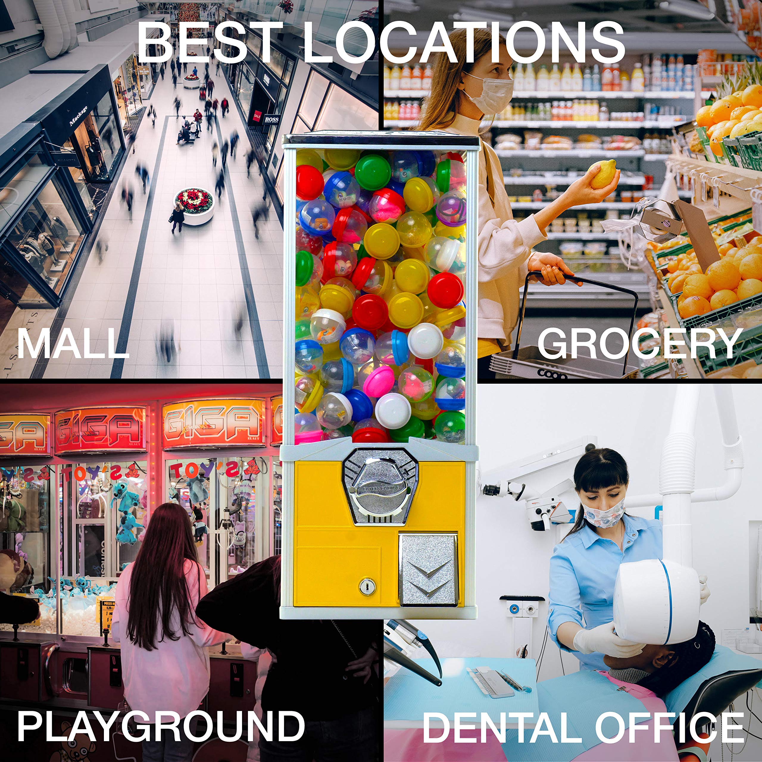 Commercial Vending Machine for 2 Inch Round Capsules - Prize Dispenser for Gumballs, Bouncy Balls & Small Toys - Yellow Big Capsule Vending Machine for Arcades, Malls & Retail Stores