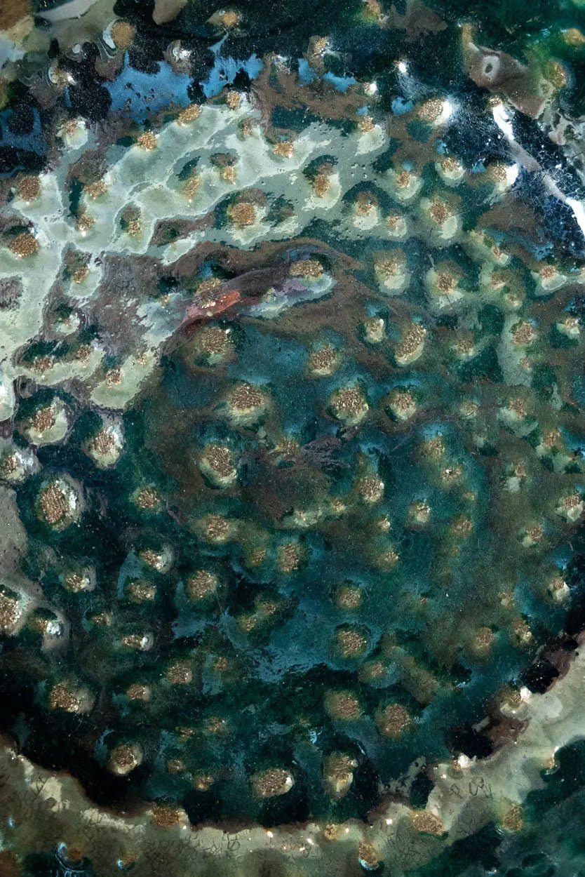 Handmade Large Raku Ceramic Bowl - Turquoise & Gold Shimmer Glaze - Japanese Inspired Pottery for Home Decor, Zen Meditation & Unique Gift Ideas