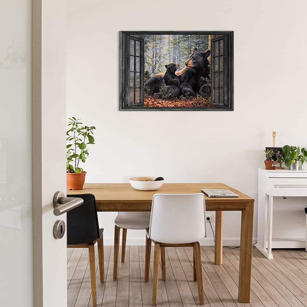 GUBIYU Black Bear Wall Art Canvas Painting - Cute Mother and Son Bear Forest Picture, Fake Window Poster, Wildlife Decor for Kids Room (40x28 inch, Ready to Hang) - Perfect Nursery Decor, Children's Bedroom Wall Art & Wildlife Themed Home Decor