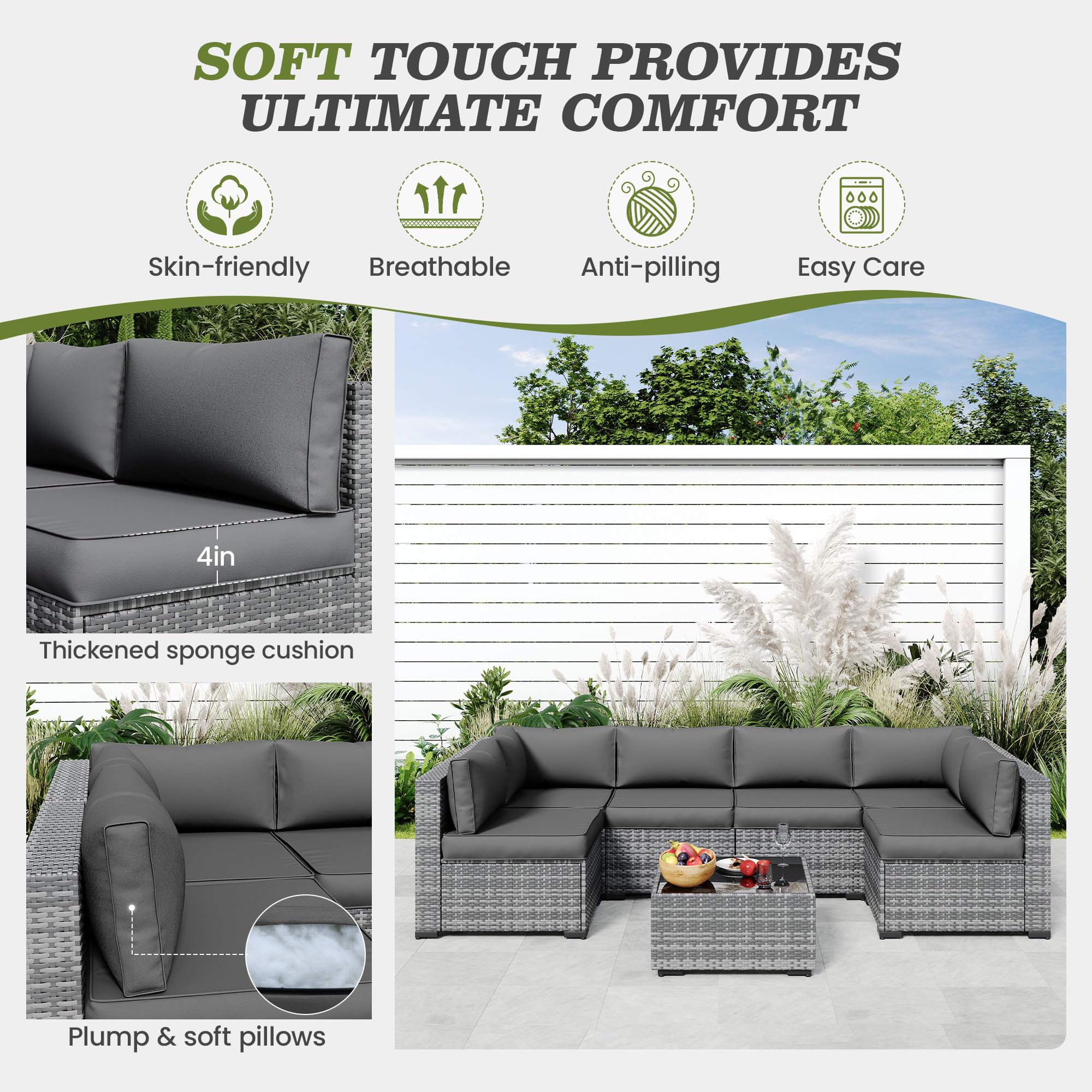 Amopatio 14-Piece Waterproof Outdoor Sofa Cushions Set for 6-Seat Patio Sectional - Quick-Dry, Non-Slip, All-Weather Replacement Cushions with Eco-Friendly Oeko-TEX Certified Fabric (Grey) - Perfect for Backyard, Poolside & Garden Furniture