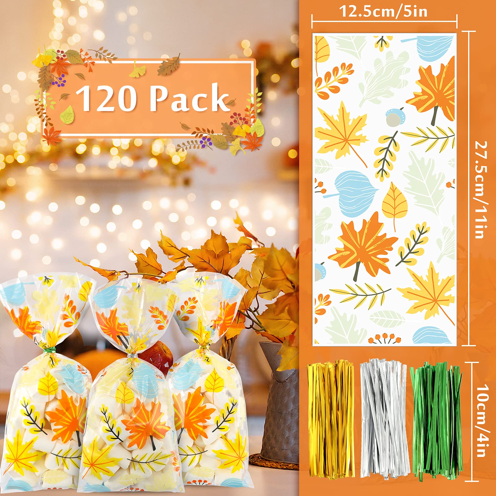 Whaline 120Pcs Fall Cellophane Bags with Maple Leaves - Party Favor Bags for Thanksgiving, Candy & Gifts