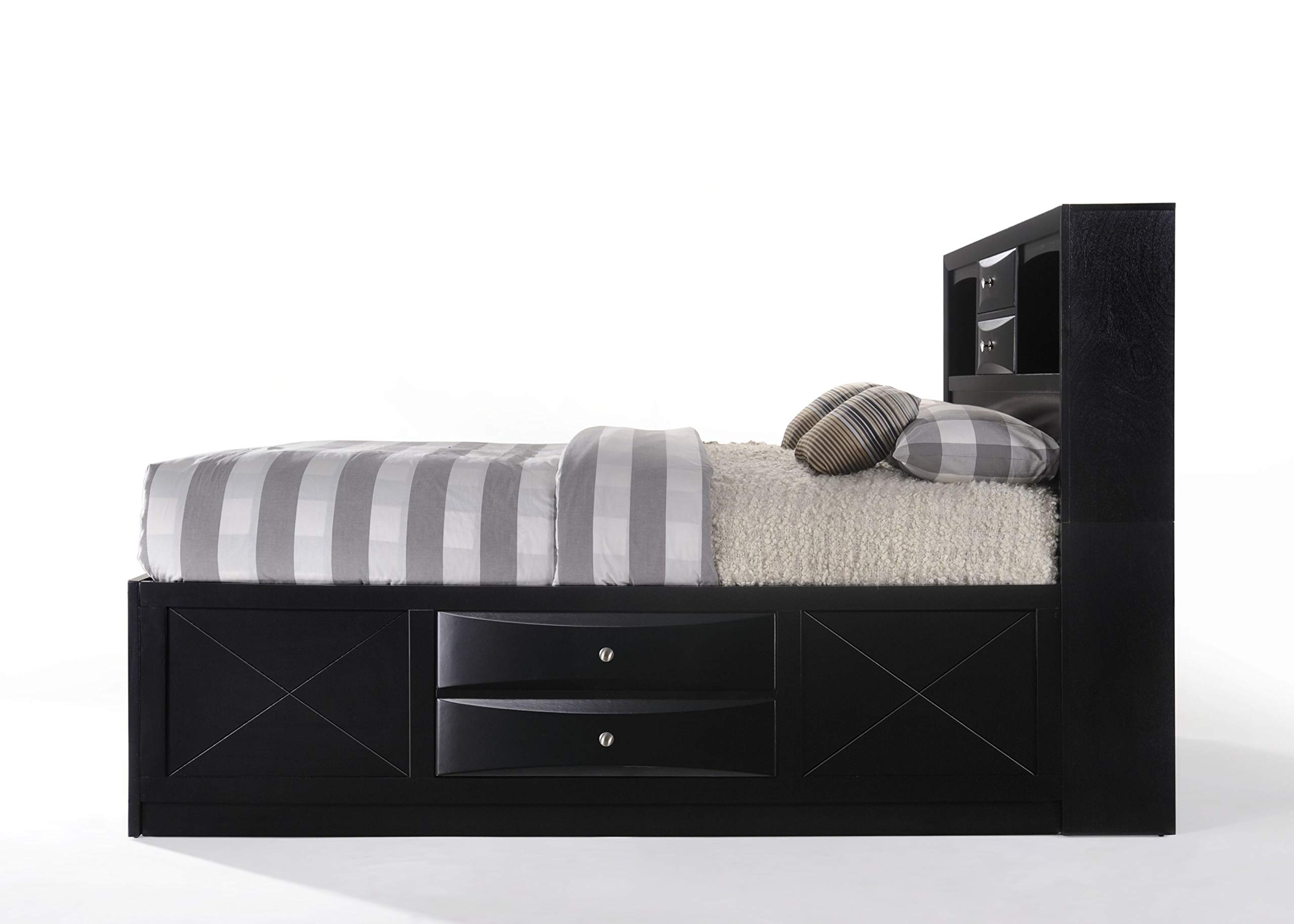 Elountik Solid Wood Bed Frame with Storage Drawers & Headboard Shelf - Full Size Platform Bed for Master & Guest Bedrooms (Black) | Space-Saving Storage Solution & Modern Bedroom Furniture for Small Spaces