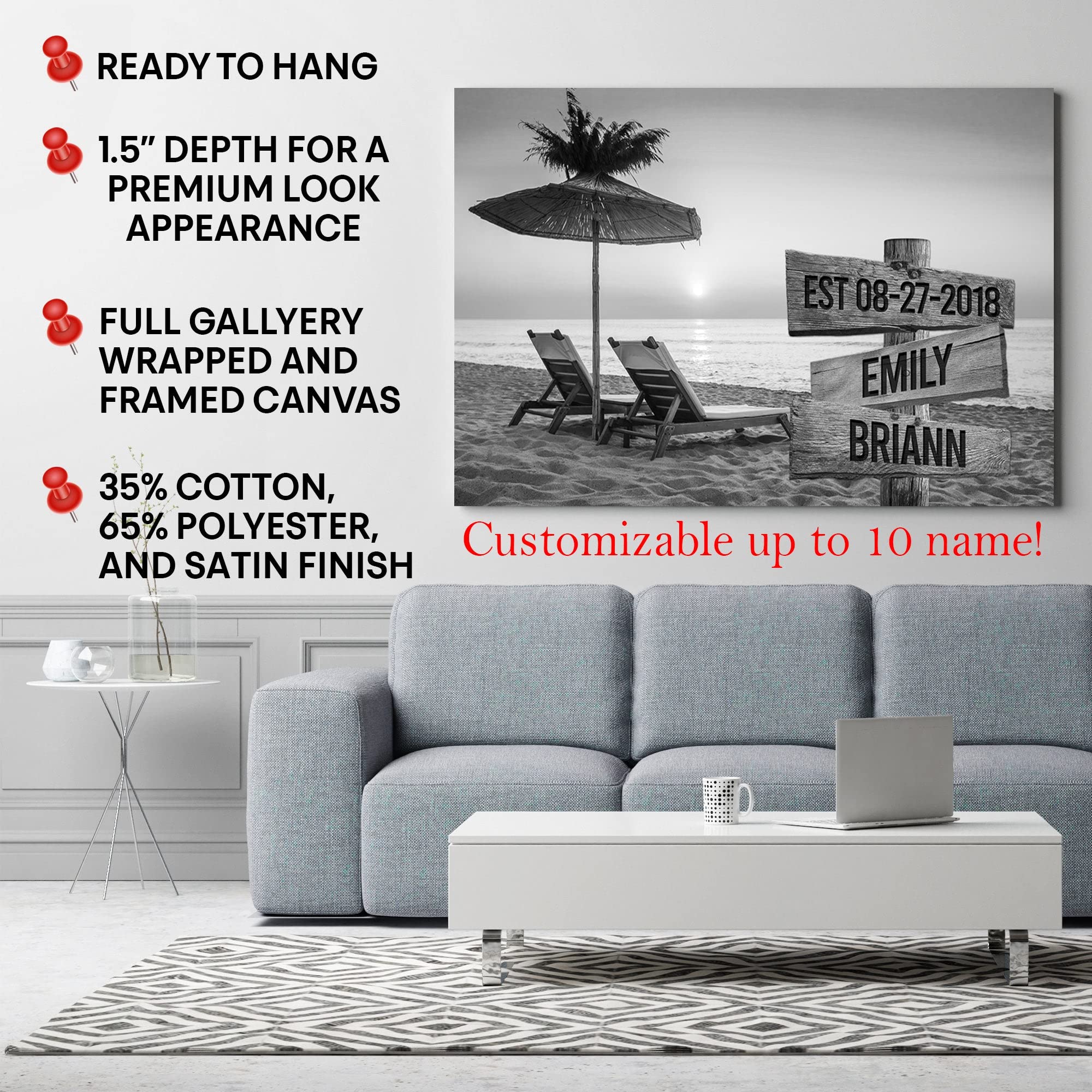 MySoulAndSpirit Premium Ocean Sunset Personalized Family Name Canvas Wall Art - 48