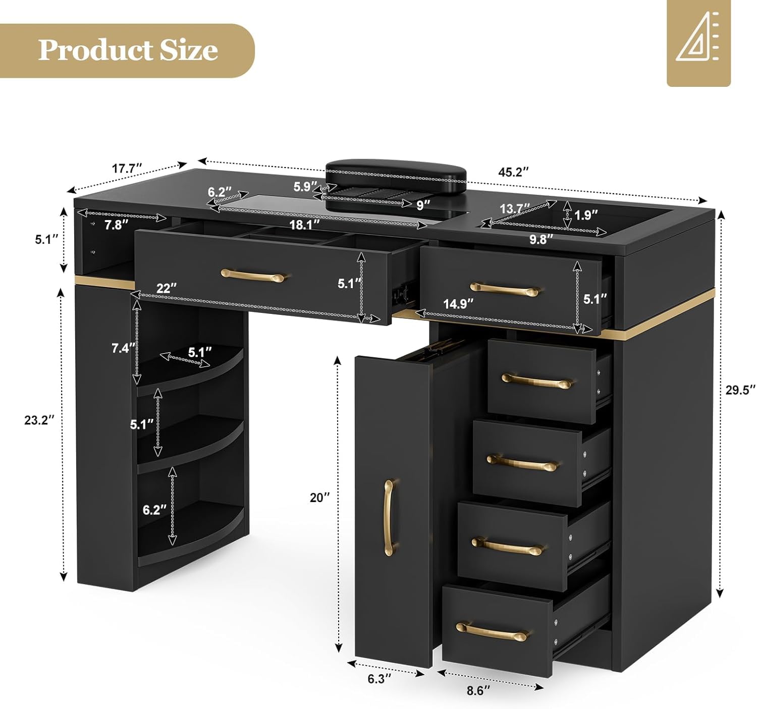 Professional Manicure Table Nail Station for Salon & Home Use - Glass Top Nail Tech Table with Electric Dust Collector, 7 Drawers & 3-Tier Shelves, Beauty Workstation with Wrist Cushion & Golden Handles (Black) - Perfect for Nail Artists, Home Salons & Professional Nail Technicians