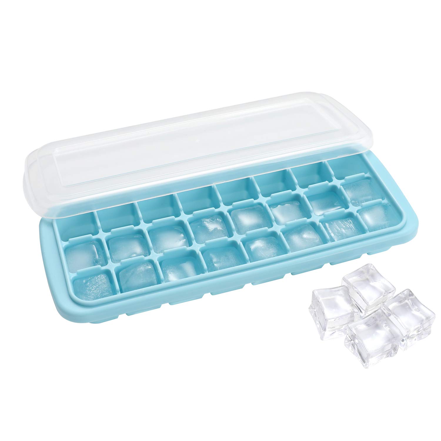 Premium Soft Silicone Ice Cube Tray with Secure PP Lid - Flexible Freezer-Safe Ice Mold (24 Cubes, Blue) for Cocktails, Smoothies & Party Drinks
