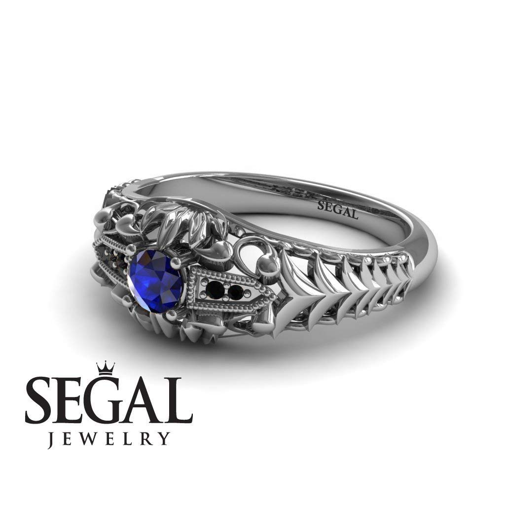 14K White Gold Vintage Victorian Edwardian Filigree Engagement Ring with Sapphire & Black Diamond - Elegant Antique Style Jewelry for Weddings, Anniversaries, and Special Occasions