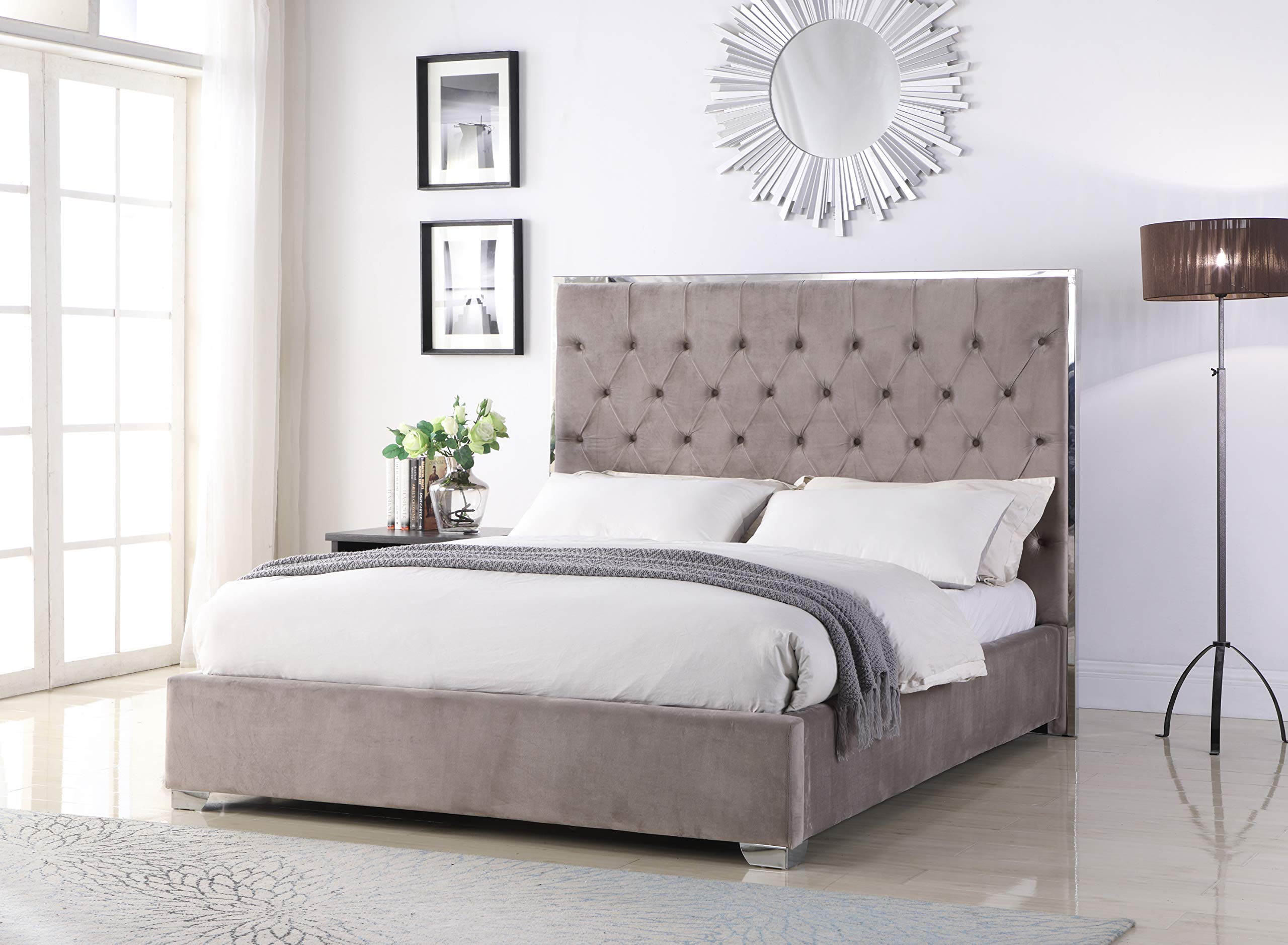 Natasha Velvet Platform Bed Queen Size - Light Grey Upholstered Bed Frame with Sturdy Wooden Slats | Perfect for Modern Bedrooms, Guest Rooms & Master Suites