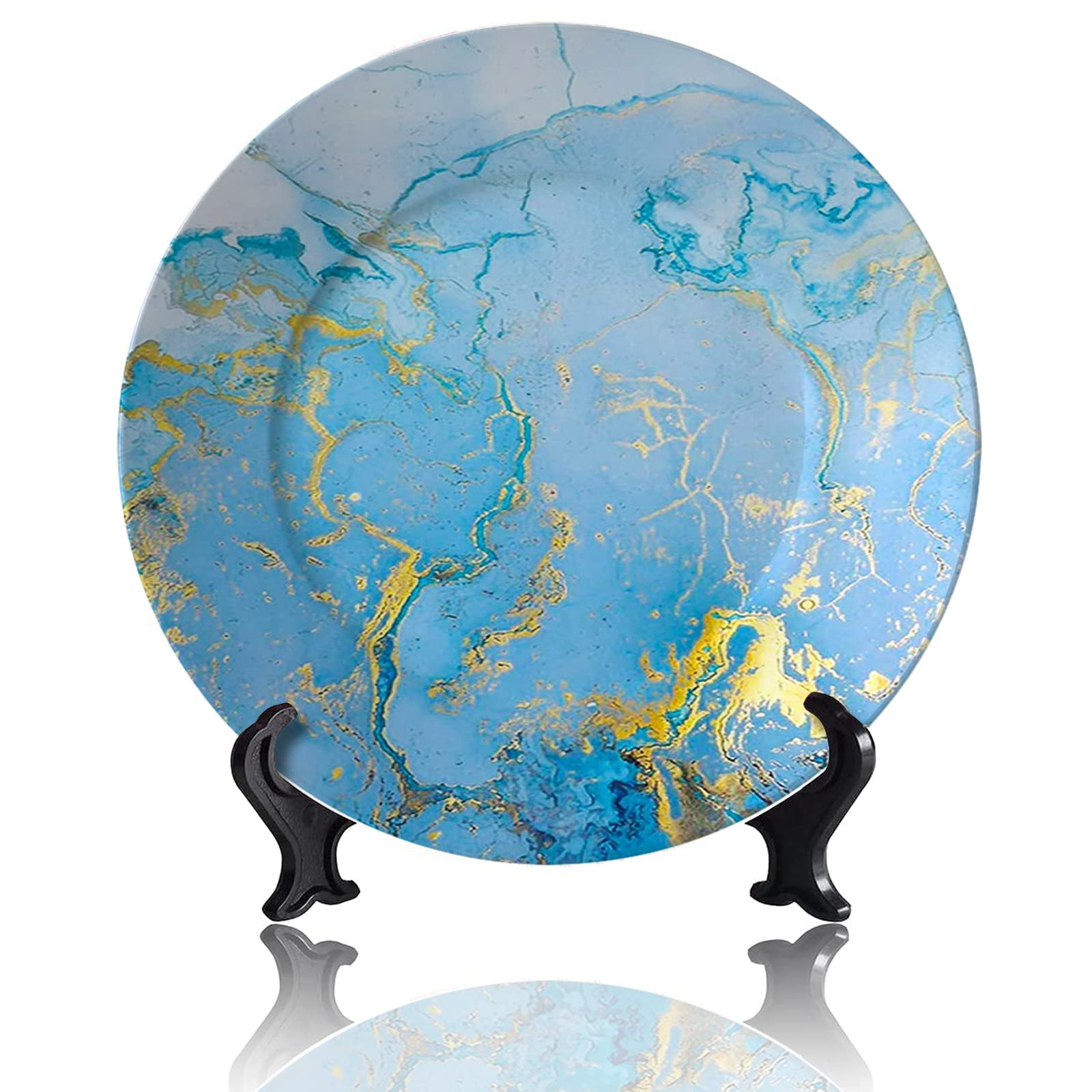 Kasen Marble Blue Decorative Plate Set with Display Stand - 8 Inch Porcelain Dinnerware for Home, Office & Table Decor | Perfect for Dining, Gifts & Interior Design
