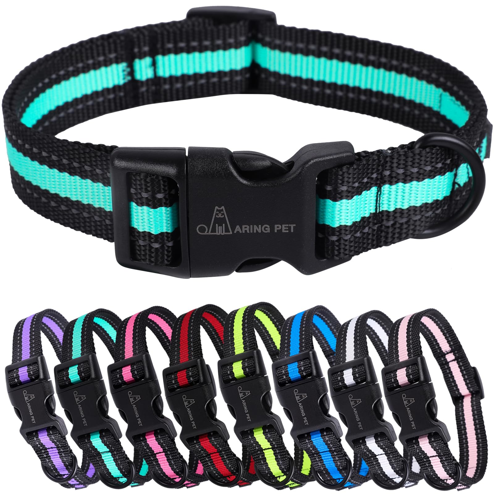 ARING PET Reflective Dog Collar - Adjustable Green Nylon Collar for Medium Dogs with Quick Release Buckle | Lightweight & Durable for Night Walks, Training & Outdoor Adventures