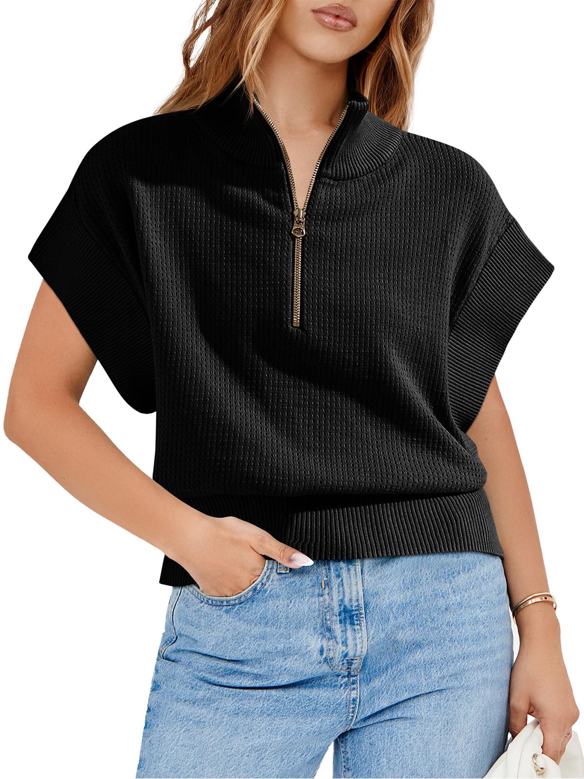 Langwyqu Women's Short Sleeve Cropped Knit Top - Half Zip Cap Sleeve Lightweight Oversized Sweater Vest for Casual Outfits & Layering