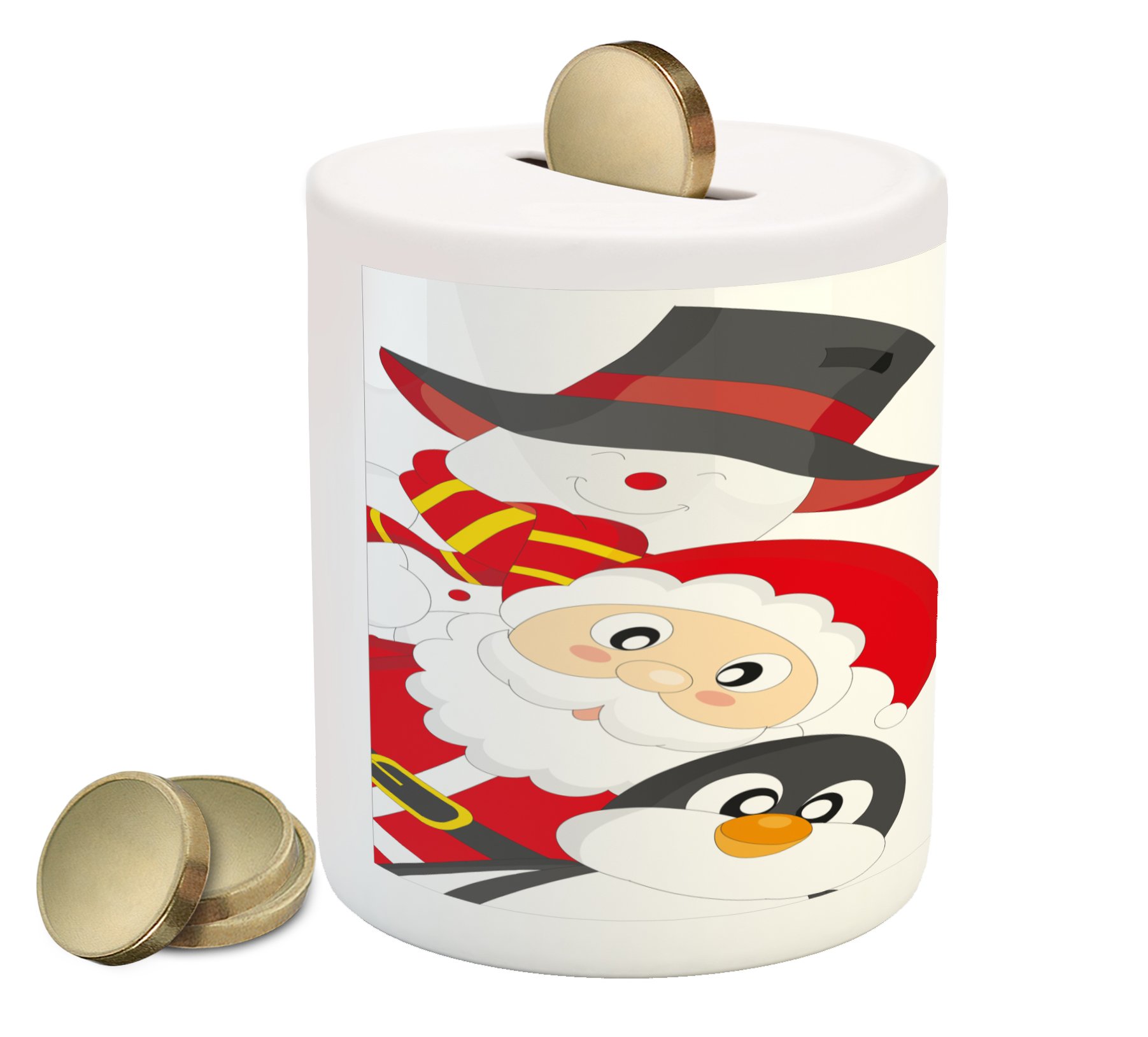 Ambesonne Christmas Piggy Bank - Ceramic Coin Bank with Santa Claus, Penguin & Snowman Holiday Design for Cash Saving - Charcoal Grey, Red & White | Perfect Gift for Kids, Holiday Decor & Money Saving