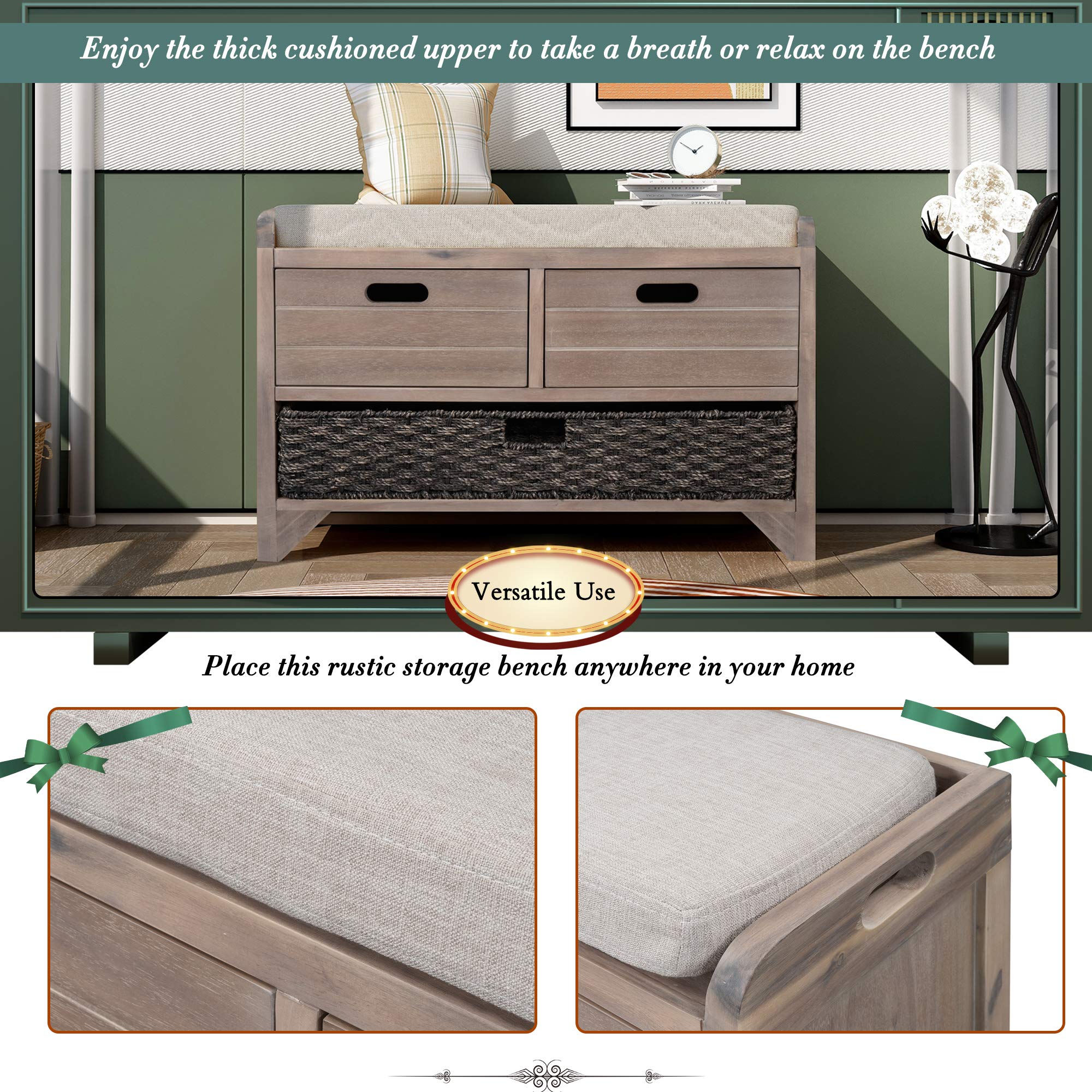 White Washed Storage Bench with Cushion & Drawers - Entryway, Bedroom, Living Room Organizer