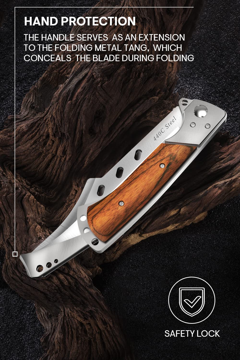 Grand Way Long Blade Folding Knife - Sharp Tactical Survival Knife for Hunting, Hiking & Camping - Rosewood Handle Foldable Large Knife for Men & Women - Perfect for Outdoor Adventures, Survival Kits & Gift Giving (Model 4172)