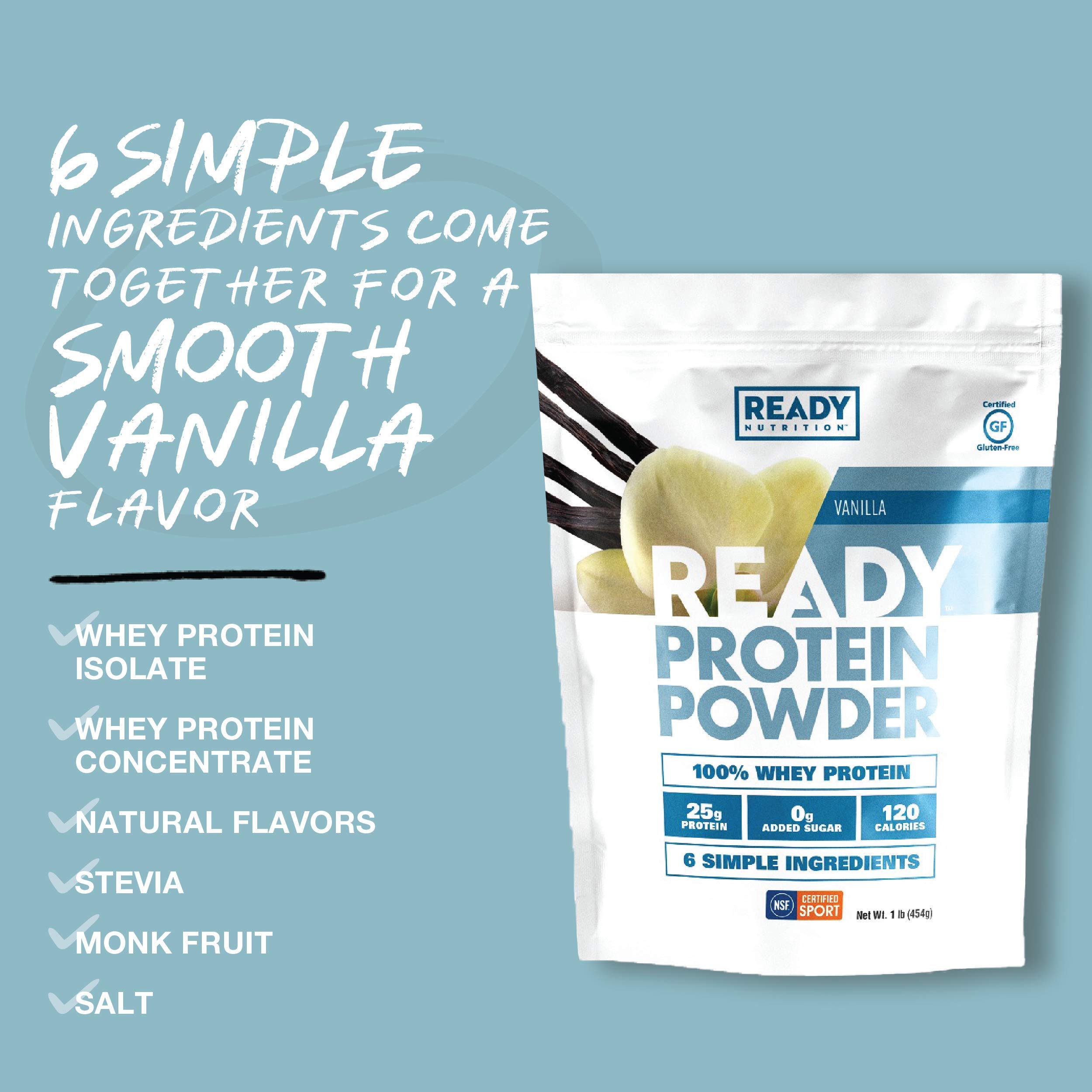 Ready® Whey Protein Powder - 25g Protein, 120 Calories, 0g Added Sugar - 7 Simple Ingredients - No Artificial Additives - Gluten-Free & Natural - Vanilla Flavor (1 Pound Bag) - Perfect for Post-Workout Recovery & Healthy Smoothies