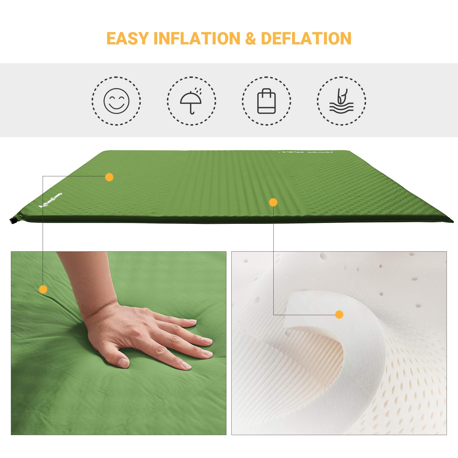 KingCamp Self-Inflating Double Sleeping Pad for Camping - 2 Travel Pillows Included - Foam Camping Mat for Hiking, Backpacking, Tent & Car Use - Perfect for Outdoor Adventures, Road Trips and Emergency Preparedness (Green)