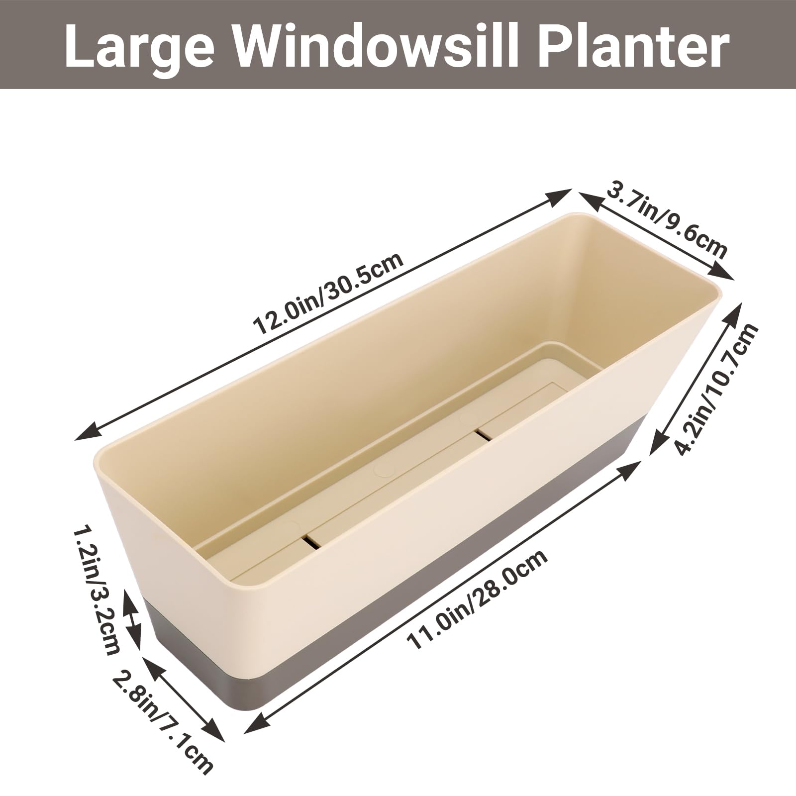 SUREAM 3 Pack Indoor Window Box Planter - 12x3.8 Inch Rectangle Herb Planter with Drainage Tray, Modern Small Plastic Flower Pot for Succulents, Cactus, Herbs - Perfect for Window Sill, Garden Balcony, Office Shelf & Home Decor