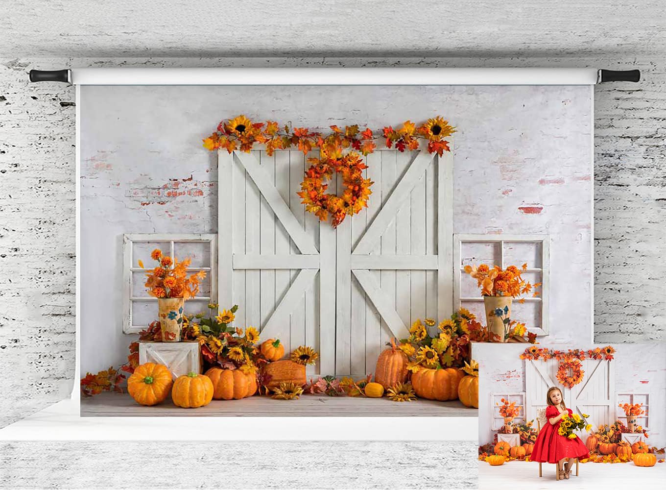 Kate Fall Photography Backdrop - Thanksgiving & Autumn Pumpkin Barn Door Scene - 10x6.5ft Microfiber Photo Background for Holiday Portraits, Family Photos, and Seasonal Decor