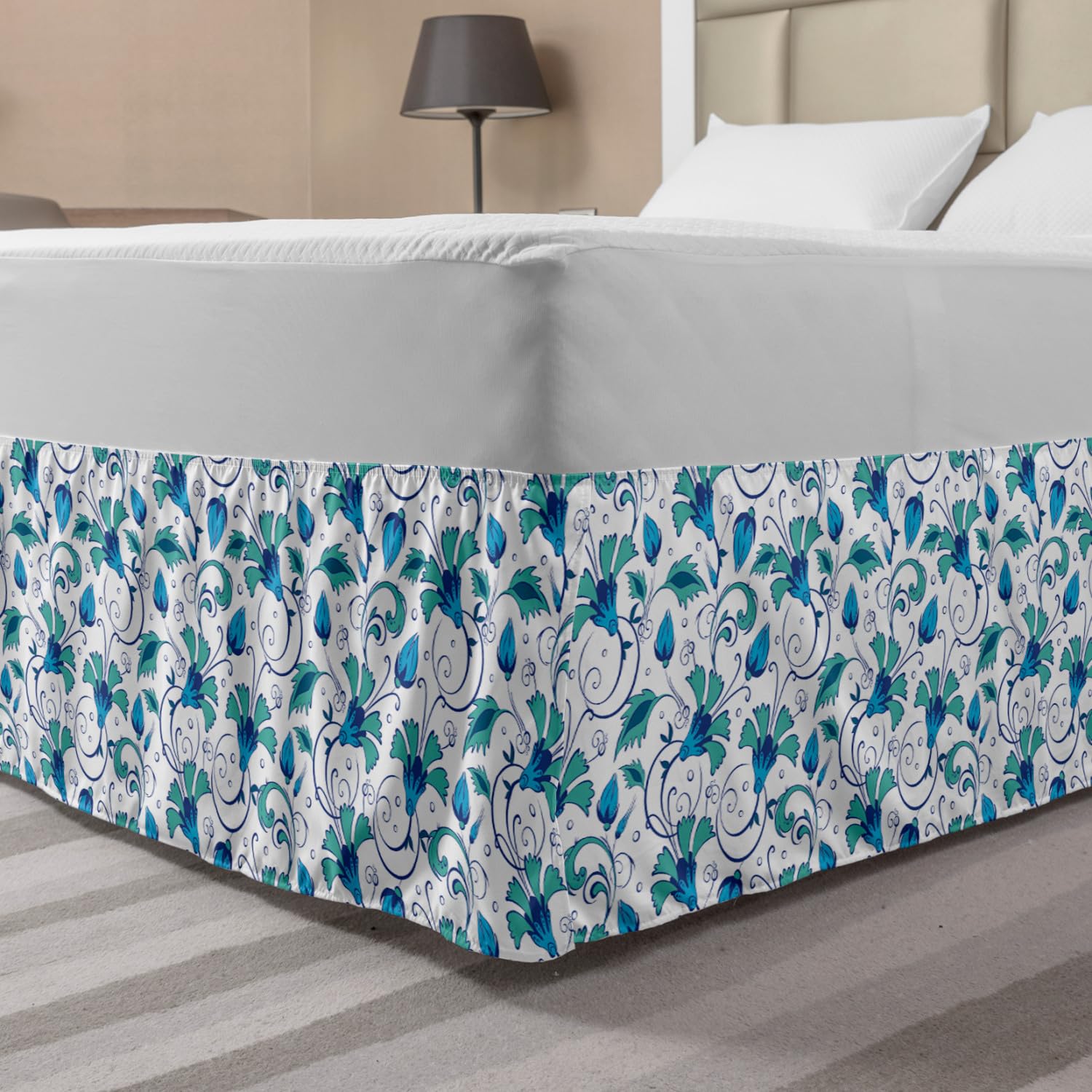 Ambesonne Floral Bed Skirt - Queen Size Turquoise & Sky Blue Elastic Wrap Around Dust Ruffle with Oriental Tulip & Leaf Pattern | Perfect for Bedroom Decor, Guest Room Styling & Bohemian Home Design