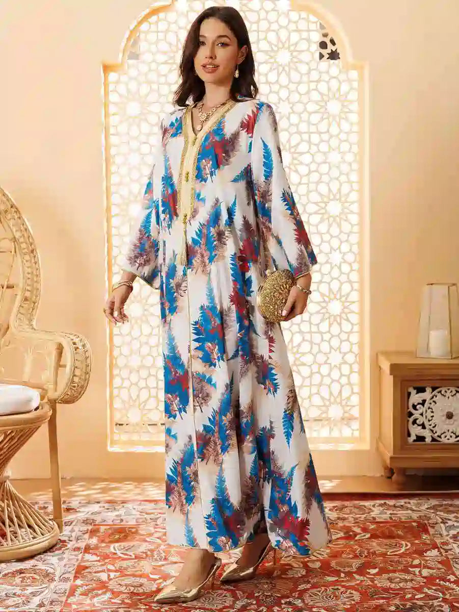 Elegant Hotfix Rhinestone Printed Eid Caftan Dress for Women - Perfect for Eid Celebrations, Weddings & Special Occasions