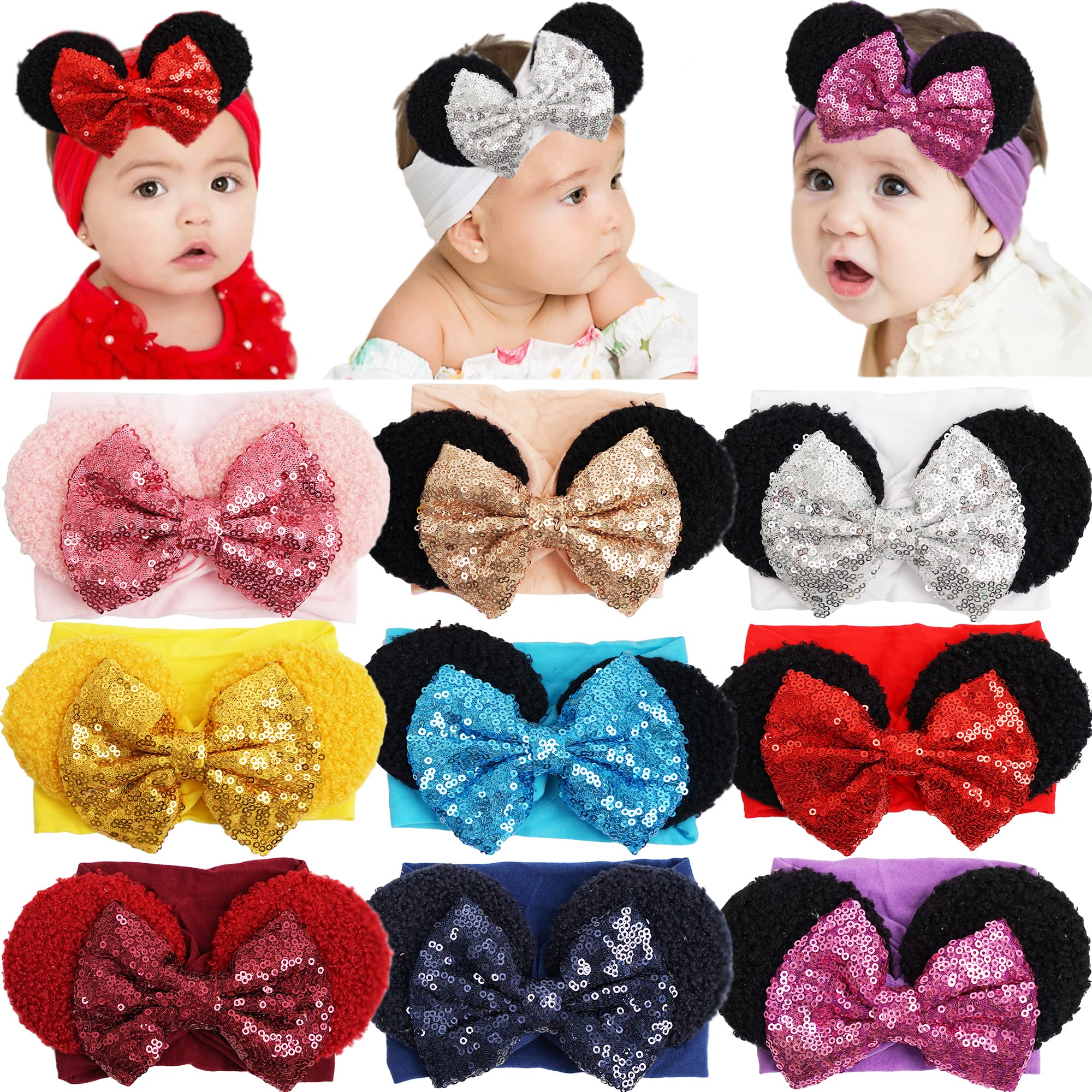 Sparkly Sequin Mouse Ears Headbands - 9 Pack Large 6 Inch Glitter Hair Bows for Baby Girls & Toddlers | Soft Nylon Hair Accessories for Newborns, Infants & Kids | Perfect for Disney Trips, Birthday Parties & Photo Shoots