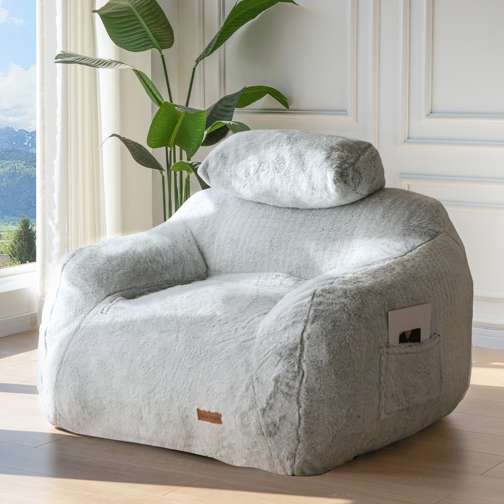 MAXYOYO Giant Fluffy Faux Fur Bean Bag Chair with Pillow - Extra Large Comfortable Lounger for Adults & Teens, Perfect for Reading, Gaming & Relaxing in Bedroom, Living Room or Dorm - Soft Grey