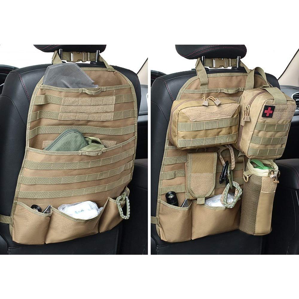 Tactical MOLLE Nylon Car Seat Back Organizer - Universal Fit Vehicle Panel Backseat Cover Protector (Tan) - Perfect for Road Trips, Camping & Outdoor Adventures