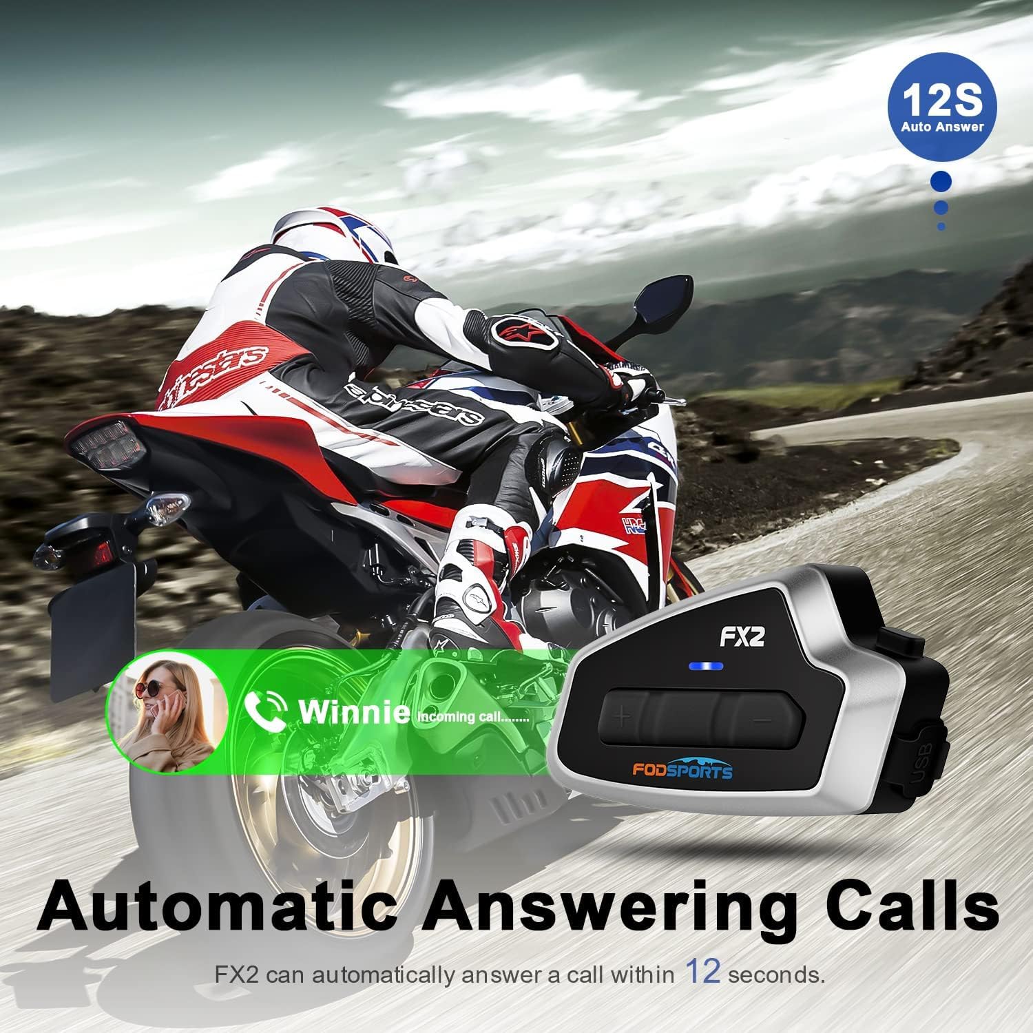 Fodsports FX2 Motorcycle Bluetooth Headset - 2 Rider Helmet Intercom System with FM Radio, Hands-Free Calling, Voice Dial, Stereo Music Sharing & Waterproof for Safe Riding - Perfect for Group Rides, Commuting & Adventure Touring