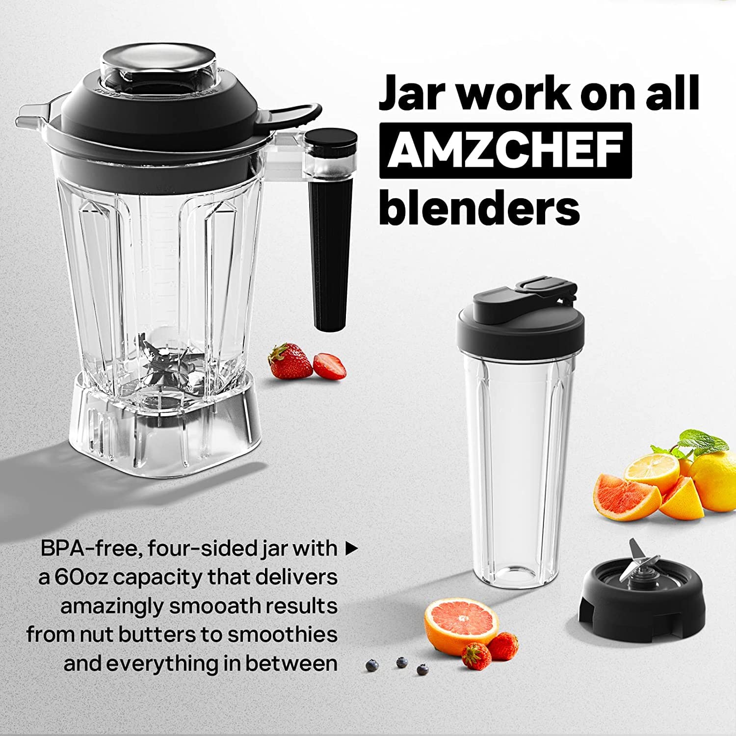AMZCHEF 1800W Professional Blender for Smoothies, Frozen Drinks, Ice Cream & Soup - 63oz Glass Jar, 20oz Travel Bottle, 4 Functions & 3 Speeds - Powerful Kitchen Blender for Healthy Shakes, Baby Food & Meal Prep (Black)