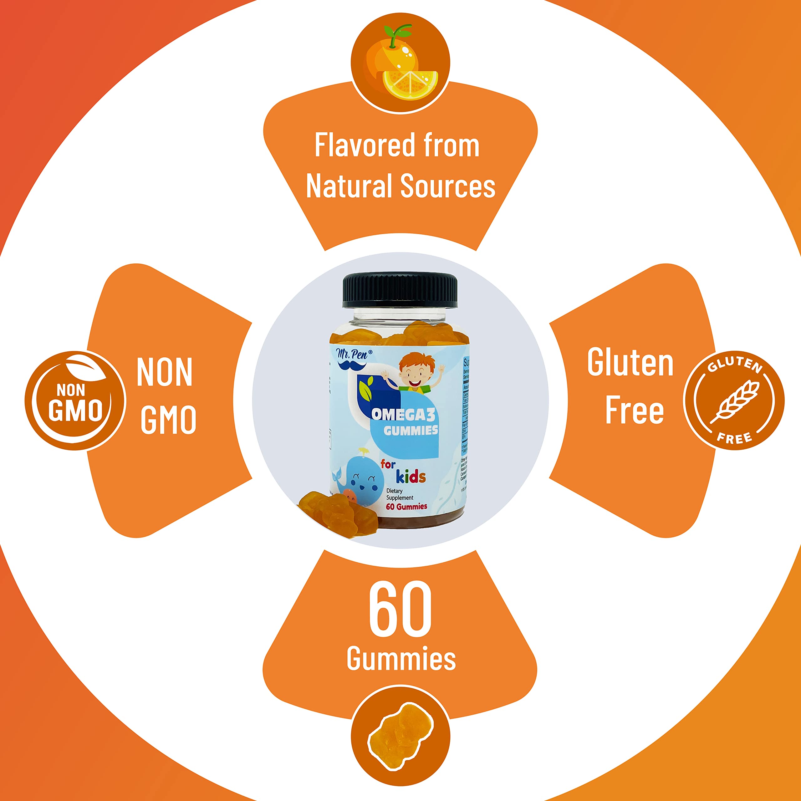 60-Count Omega-3 Gummies for Kids - Delicious Orange Flavor with EPA & DHA - 2 Month Supply - Fish Oil Supplement for Brain & Eye Development - Perfect for School Snacks & Healthy Lunchboxes