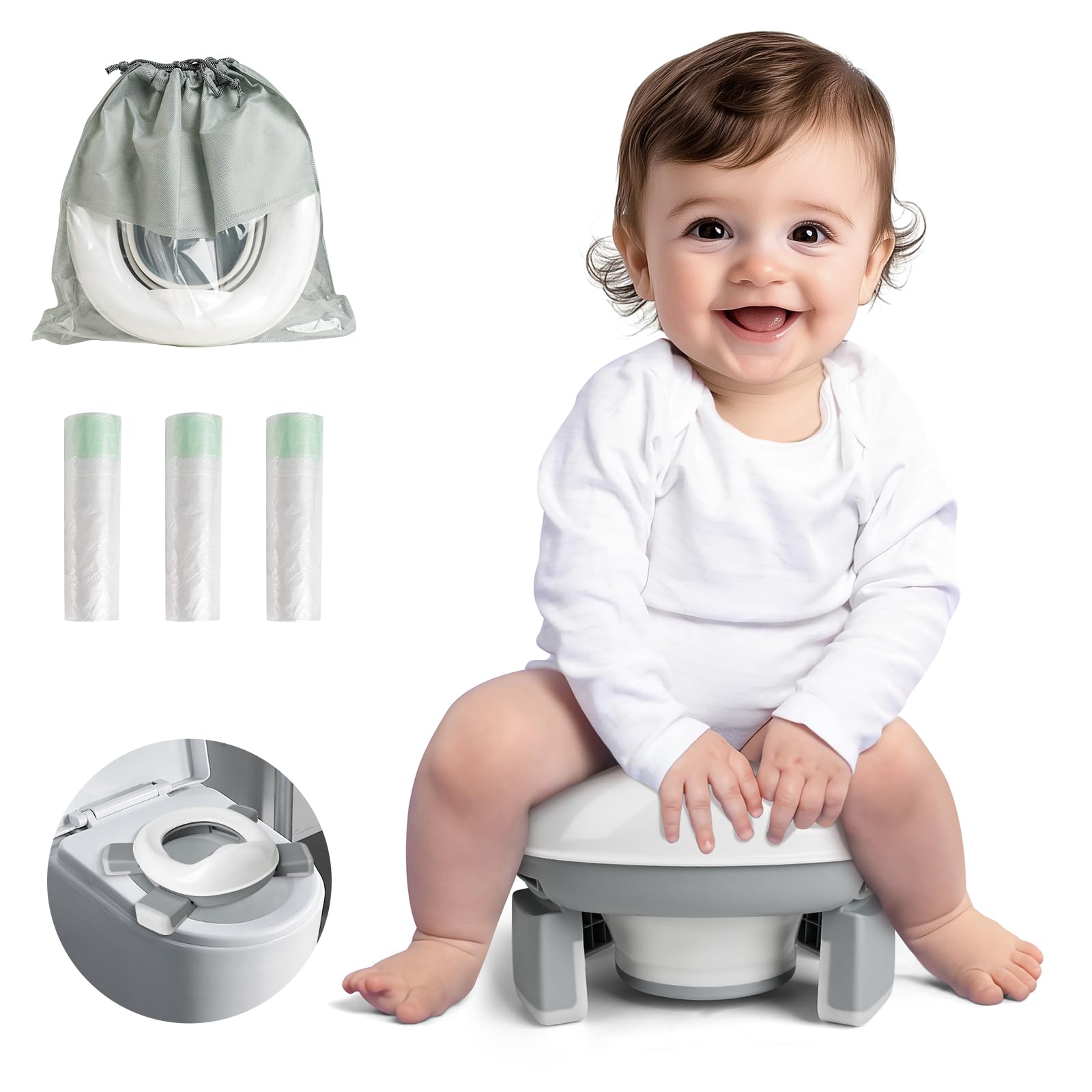 Portable Toddler Travel Potty - Foldable Kids Potty Training Toilet with Splash Guard for Boys & Girls | Car Potty Seat with Travel Bag & 60 Liners | Ideal for Road Trips, Camping & Outdoor Activities