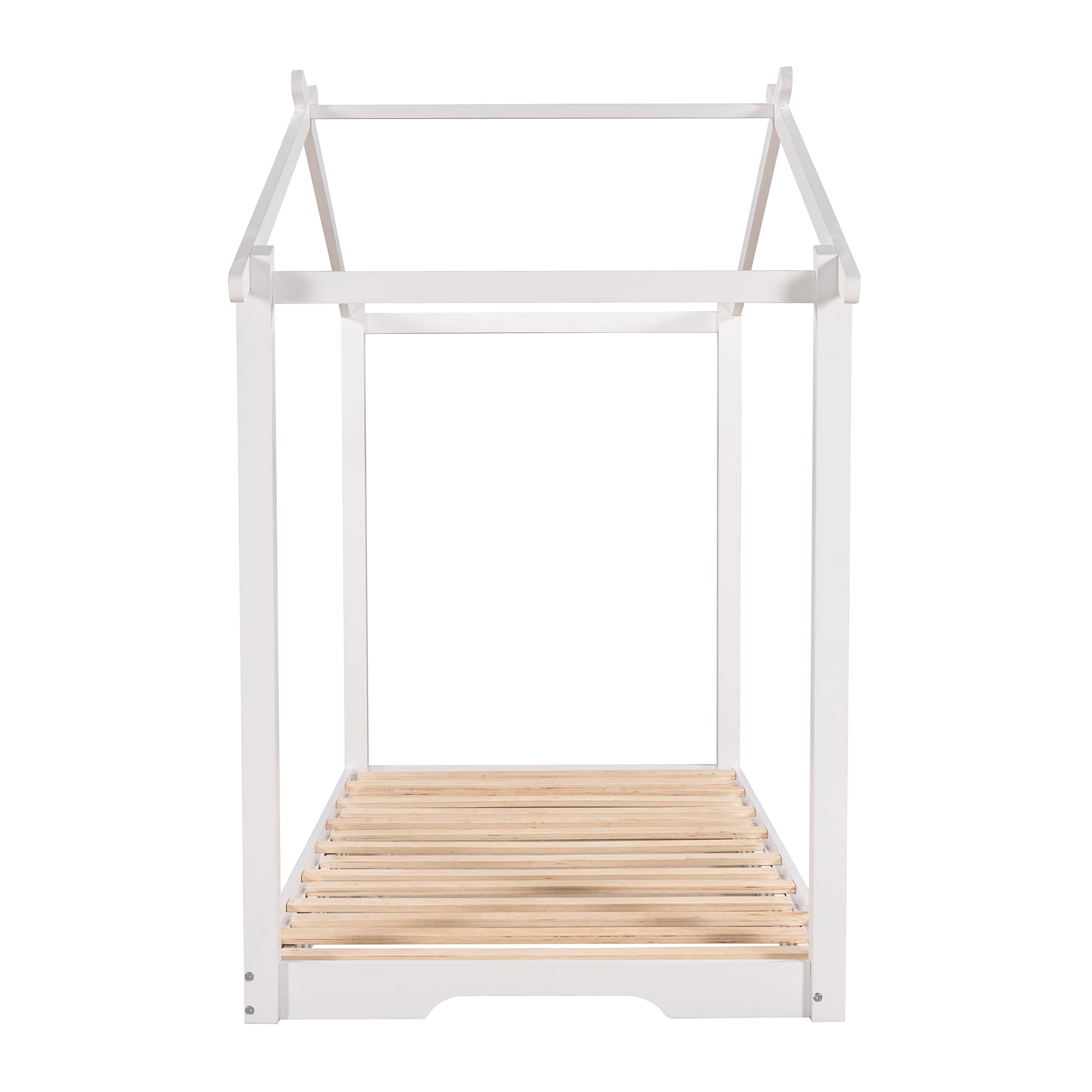RUNNA Solid Wood Twin to King Size Daybed - Convertible House Bed with Trundle, Kids Floor Bed & Tent Bed with Wood Slat Support - House-Shaped Sofa Bed for Bedroom, Living Room & Guest Room (White+Wood+King) - Perfect for Sleepovers, Playtime & Space-Saving Solutions