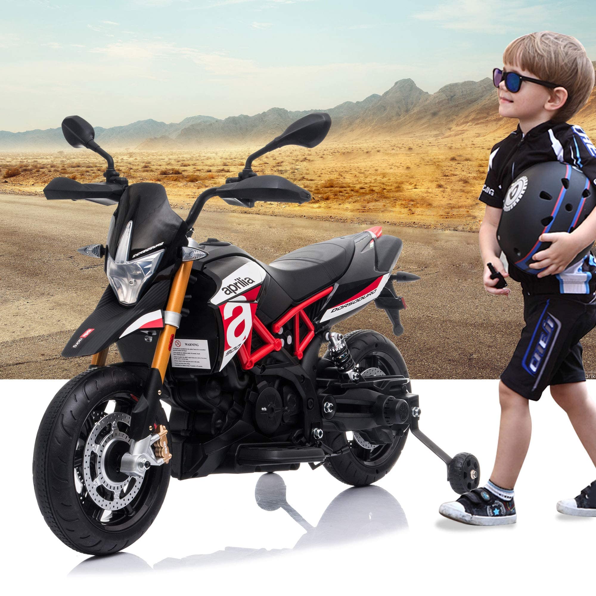 TOBBI 12V Aprilia Licensed Kids Electric Ride-On Motorcycle - Dirt Bike Toy with Training Wheels, Spring Suspension, LED Lights & Music - USB MP3 Player Included (Red) - Perfect Outdoor & Indoor Play for Boys & Girls Ages 3-8 Years