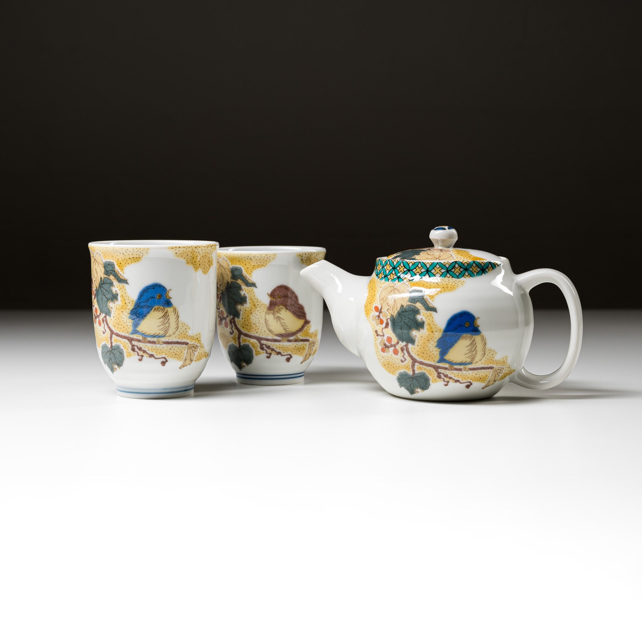 Japanese Kutani Ware Tea Set with Sparrow Design - Handcrafted Porcelain Teapot & Cups - Perfect for Traditional Tea Ceremonies & Home Decor