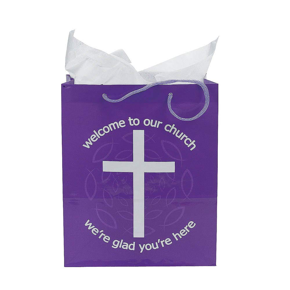 Church Welcome Gift Bags - Set of 12 Purple Gift Bags for Visitors & Members - Perfect for Sunday Service, Baptism, Easter & Church Events