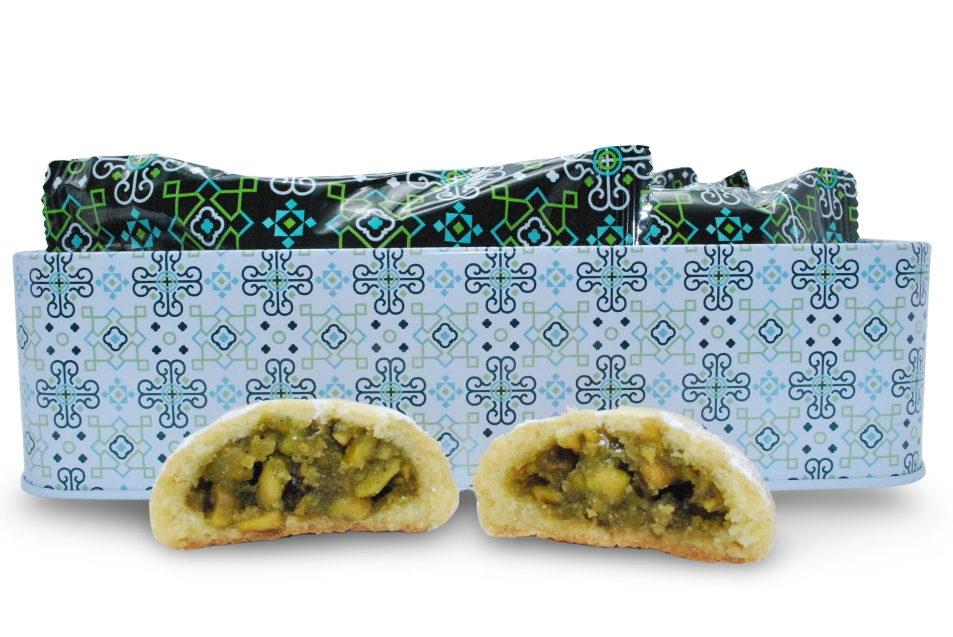Premium Al Bohsali Maamoul Pistachio Filled Shortbread Cookies - 24 Individually Wrapped Pouches | Authentic Middle Eastern Dessert for Gifts, Parties & Ramadan Celebrations