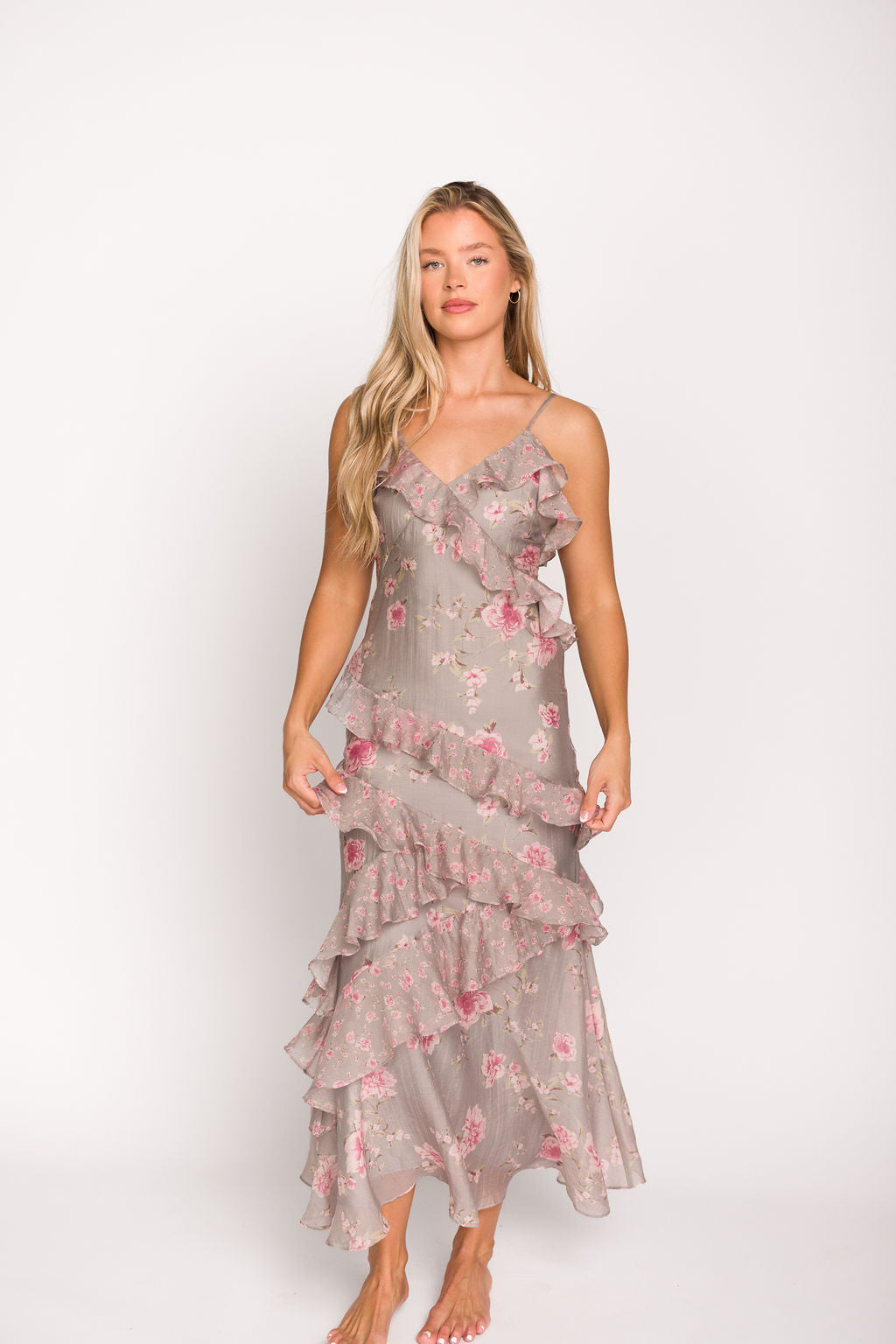 Amelia Ruffle Maxi Dress - Grey & Pink Floral Print Summer Beach Dress for Women | Boho Chic Wedding Guest Outfit & Vacation Dress