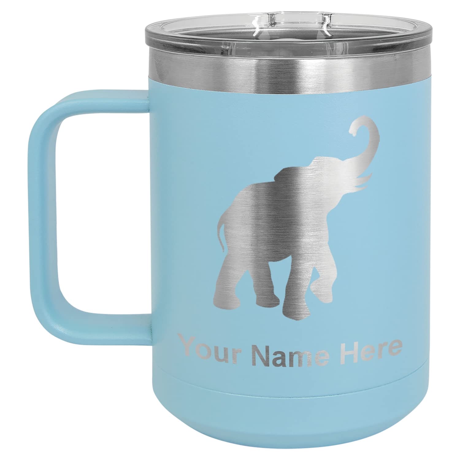 LaserGram 15oz Vacuum Insulated Stainless Steel Coffee Mug with Personalized Engraving - Indian Elephant Design in Light Blue | Keeps Drinks Hot/Cold for Hours | Perfect for Office, Travel & Outdoor Adventures
