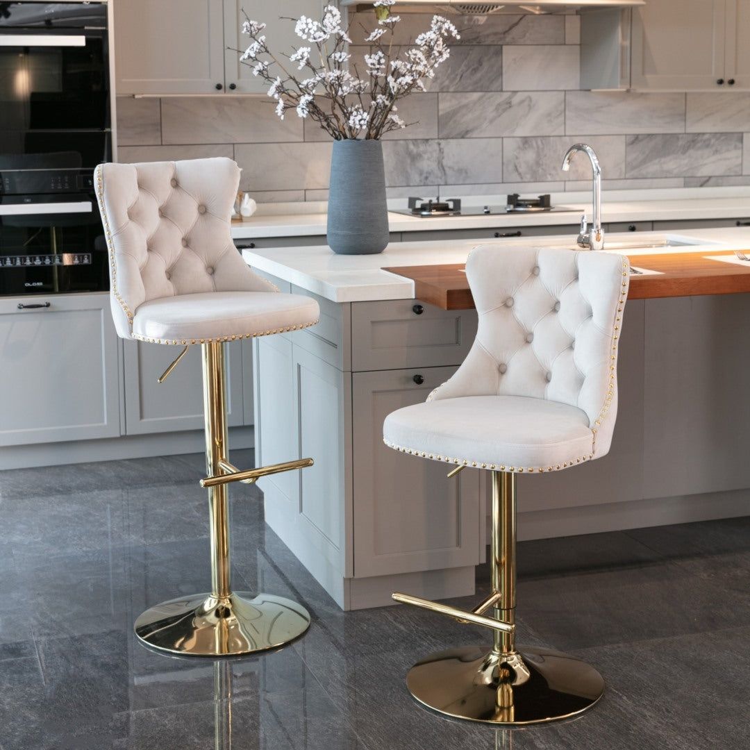 Adjustable Height Swivel Bar Stool with Footrest - Velvet Upholstery, Gold Metal Base & Studded Design - Perfect for Kitchen Islands, Home Bars & Dining Areas (Beige)