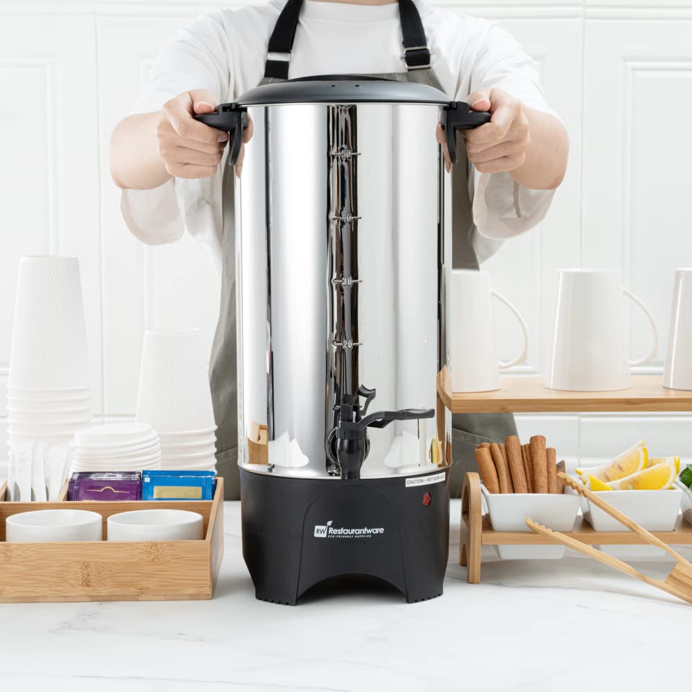 Restaurantware Restpresso 230oz (6.8L) Commercial Coffee Dispenser - Large Stainless Steel Coffee Urn with No-Drip Spigot & Sight Gauge - 120V/1000W (Serves 46 Cups) - Perfect for Restaurants, Cafes, Catering & Office Break Rooms