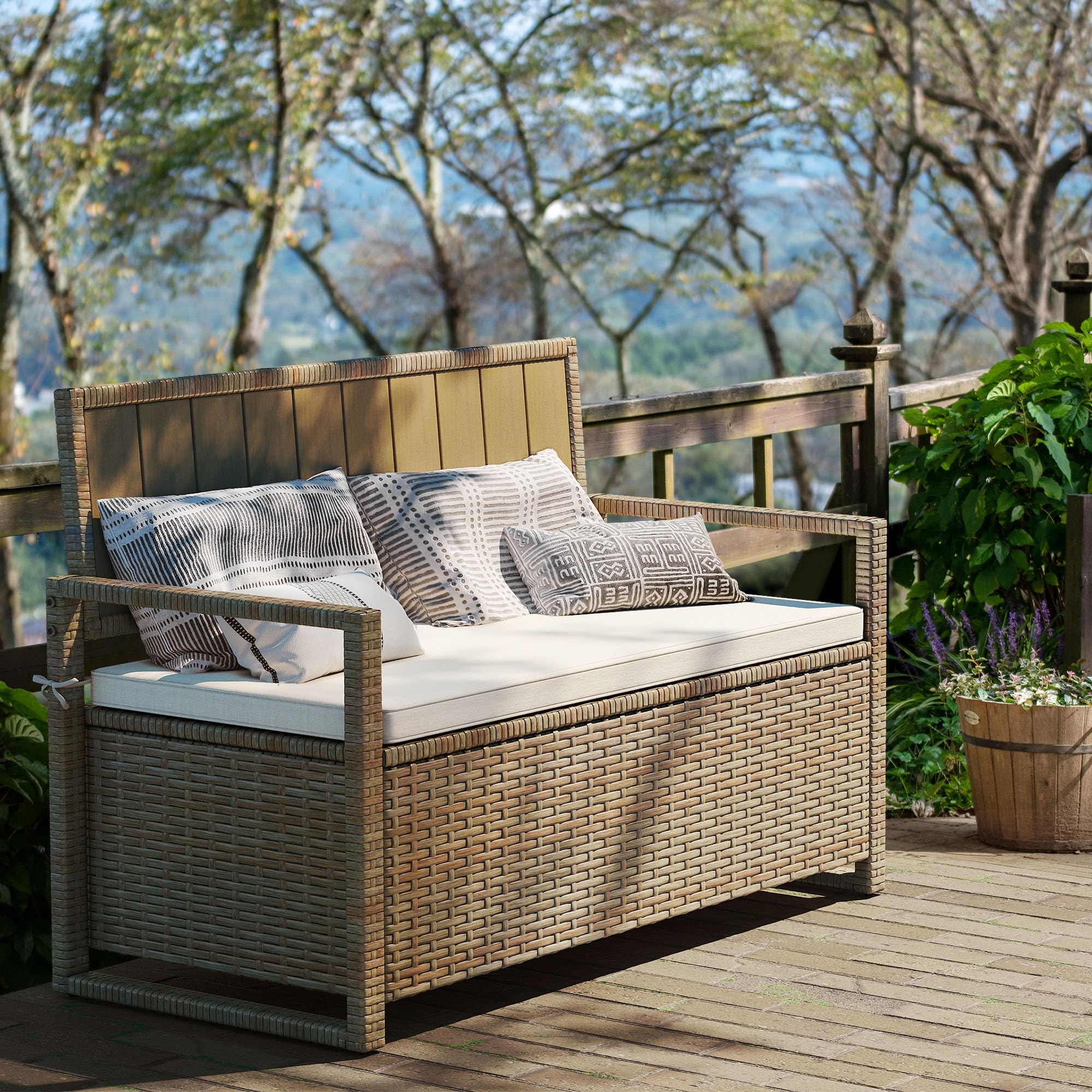 YITAHOME 70 Gallon Outdoor Storage Bench - All-Weather PE Rattan Deck Box with Wicker Design | Patio Furniture Storage, Pool Accessories Organizer, Garden Tools Container | Perfect for Backyard, Deck & Poolside Use (Beige)