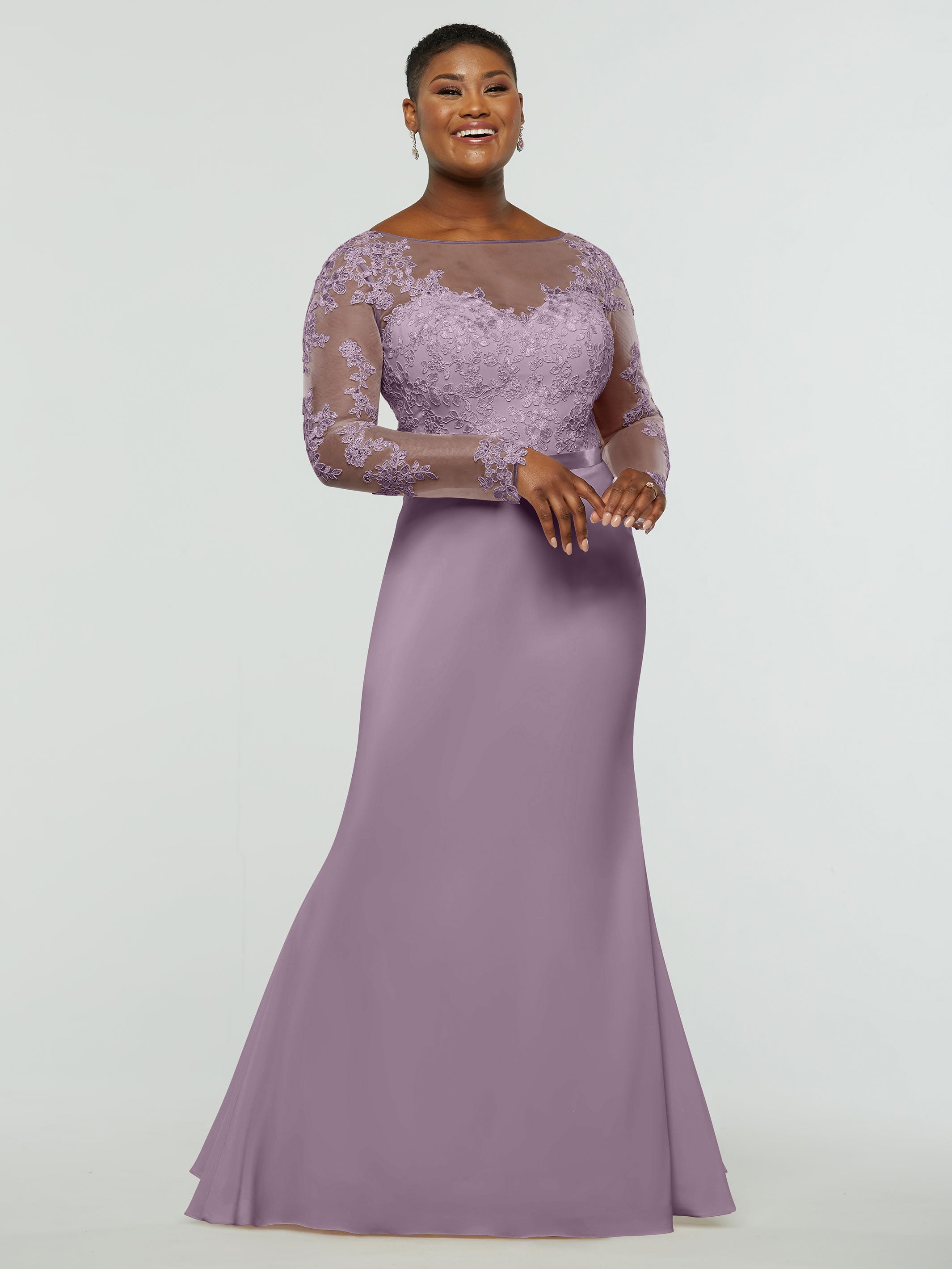 Elegant 80190 Chiffon & Lace Mermaid Bridesmaid Dress with Illusion Long Sleeves - Perfect for Weddings, Proms & Formal Events
