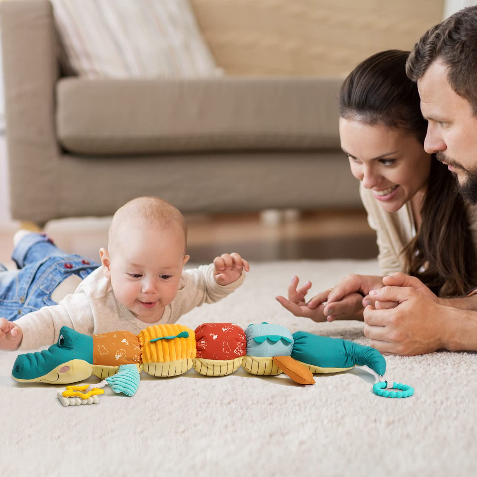Best Tummy Time Toys for Babies 0-6 Months - Musical Stuffed Animal with Rattle, Multi-Textures & Ruler Design - Alligator & Crocodile Infant Toys for 0-12 Months - Perfect for Sensory Play, Early Development & Newborn Bonding