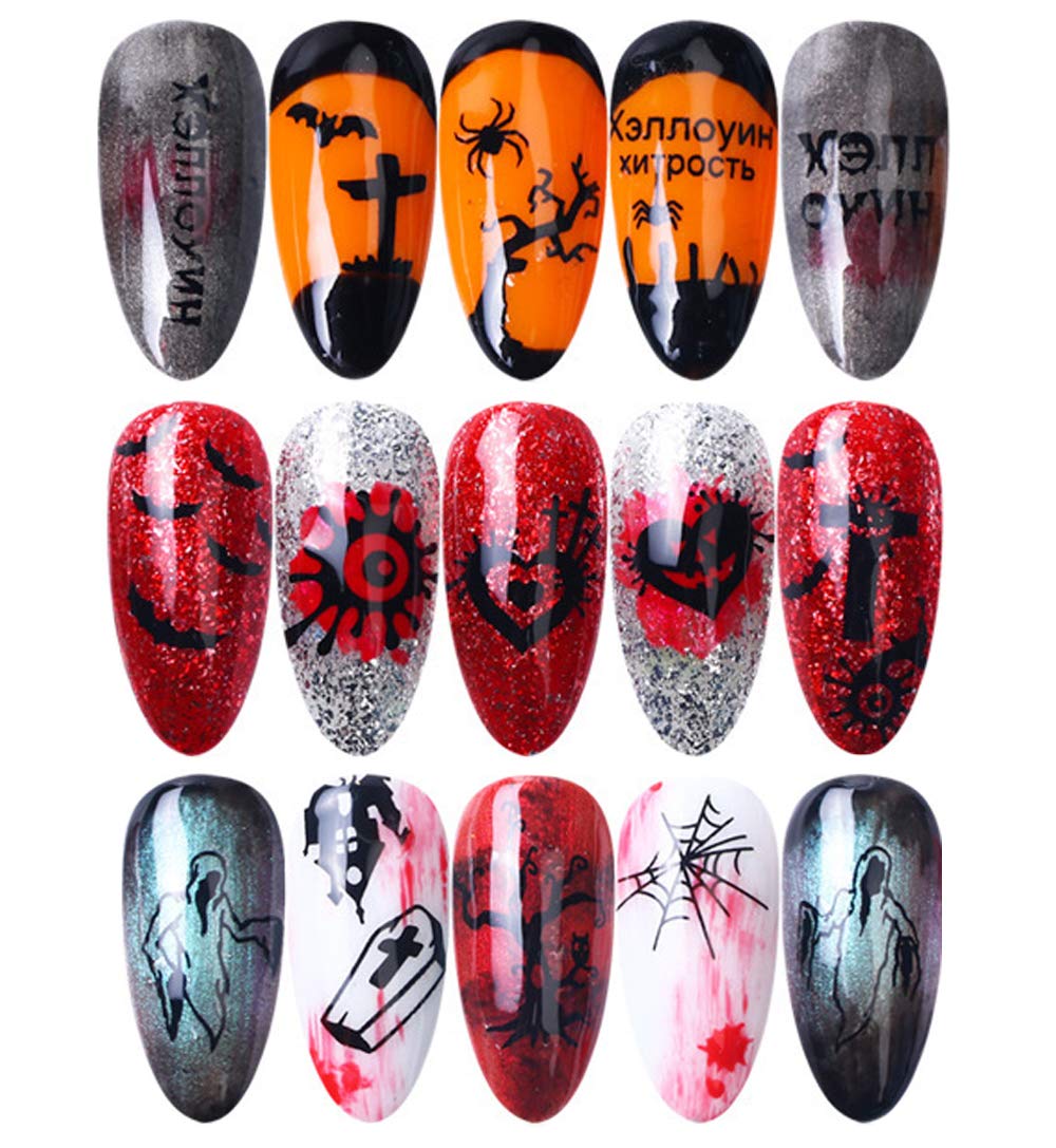 3D Halloween Nail Art Stickers - 9 Sheets Self-Adhesive Nail Decals with Skull, Witch, Pumpkin, Ghost & Cat Designs - Perfect for Halloween Parties, Manicures & Nail Decorations - Great for Costume Parties, Trick or Treat Events & Spooky Nail Art